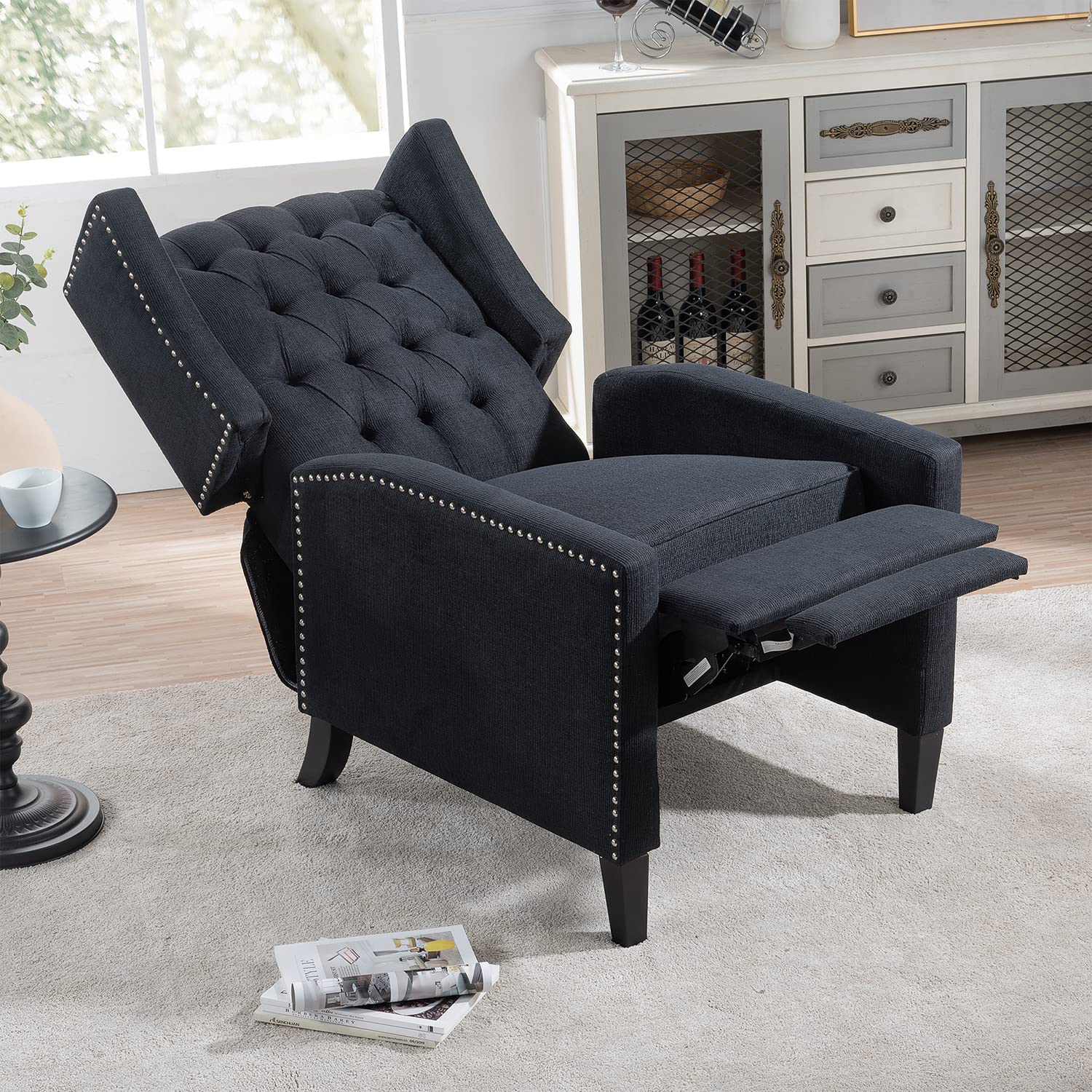 Black Fabric Recliner Chair for Adults - Mid-Century Modern Wingback Accent Chair with Tufted Design, 27