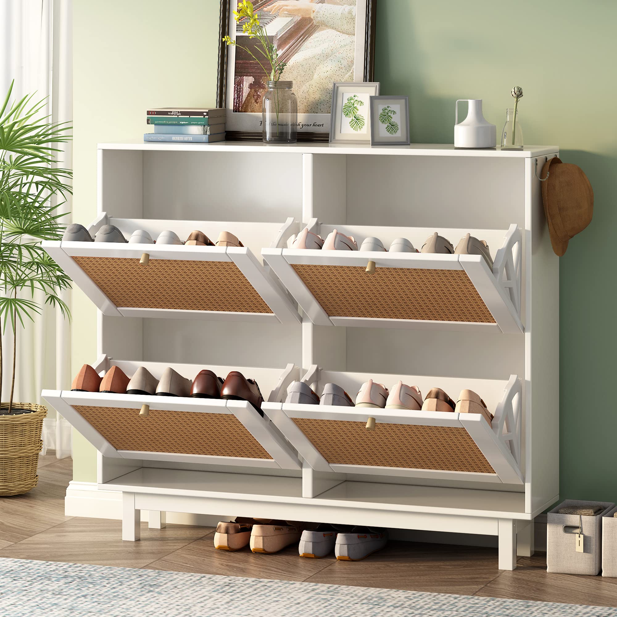 Boho Style Rattan Shoe Cabinet with 4 Flip Drawers - 2-Tier Shoe Storage Organizer with Large Capacity | Free Standing Shoe Rack for Entryway, Hallway, Bedroom & Closet (White/Boho) - Perfect for Small Spaces & Home Organization