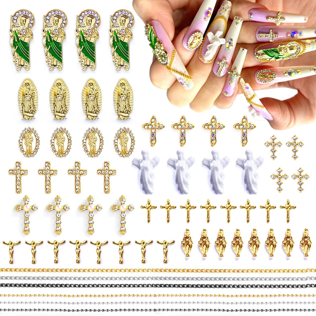 3D San Judas Virgin Mary Cross Nail Charms - Gold Alloy Rhinestone Religious Nail Art Charms for Acrylic Nails - Vintage Manicure Accessories for Women - Perfect for Church, Weddings & Special Occasions (Gold, White, Green)