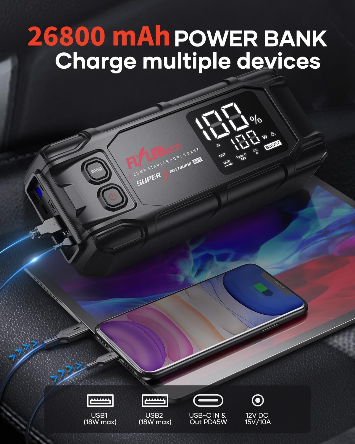 FLYLINKTECH 8000A Peak 26800mAh Car Battery Jump Starter - Portable 12V Jump Box for All Gas & 12L Diesel Engines with PD45W Fast Charging & 600 Lumen LED Light - Emergency Roadside Assistance & Power Bank for Camping, Travel, and Outdoor Adventures