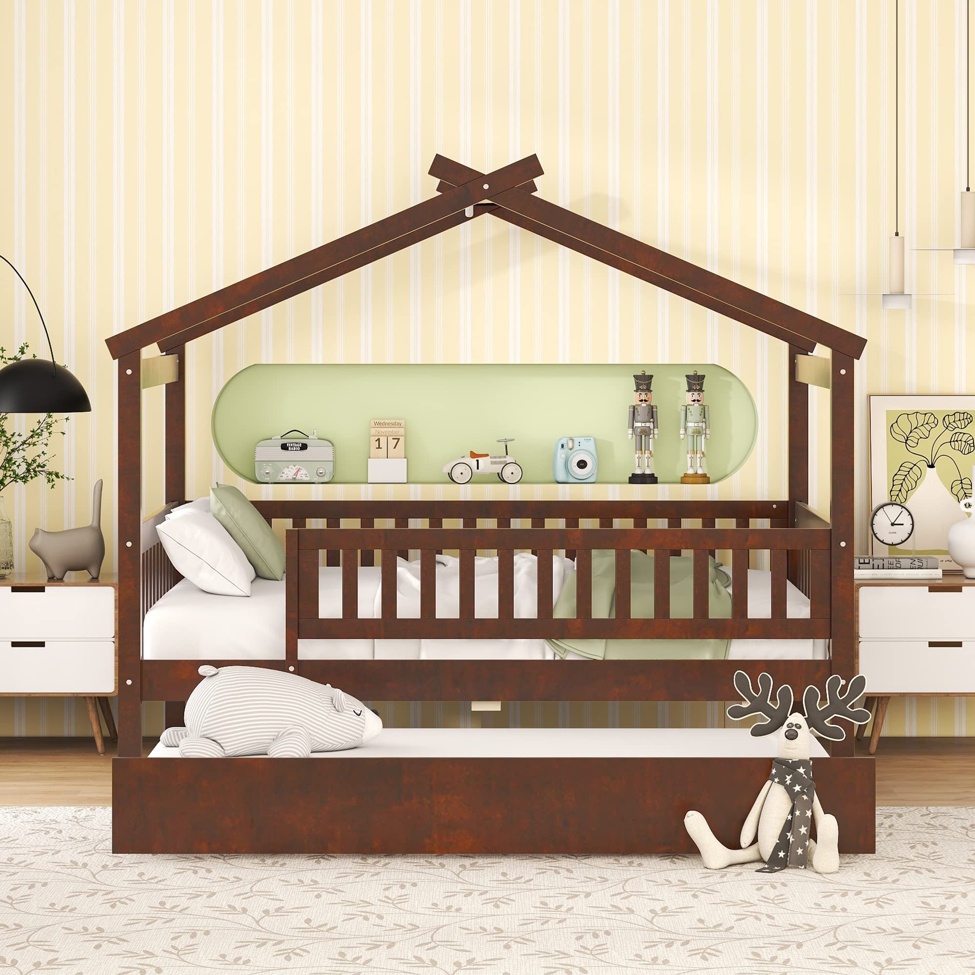 RUNNA Full Size Wooden House Bed with Twin Trundle & Roof - Solid Wood Platform Bed with Headboard & Footboard for Kids, Toddlers & Teens - Perfect for Bedrooms, Playrooms & Sleepovers (Walnut Finish, Full Size)