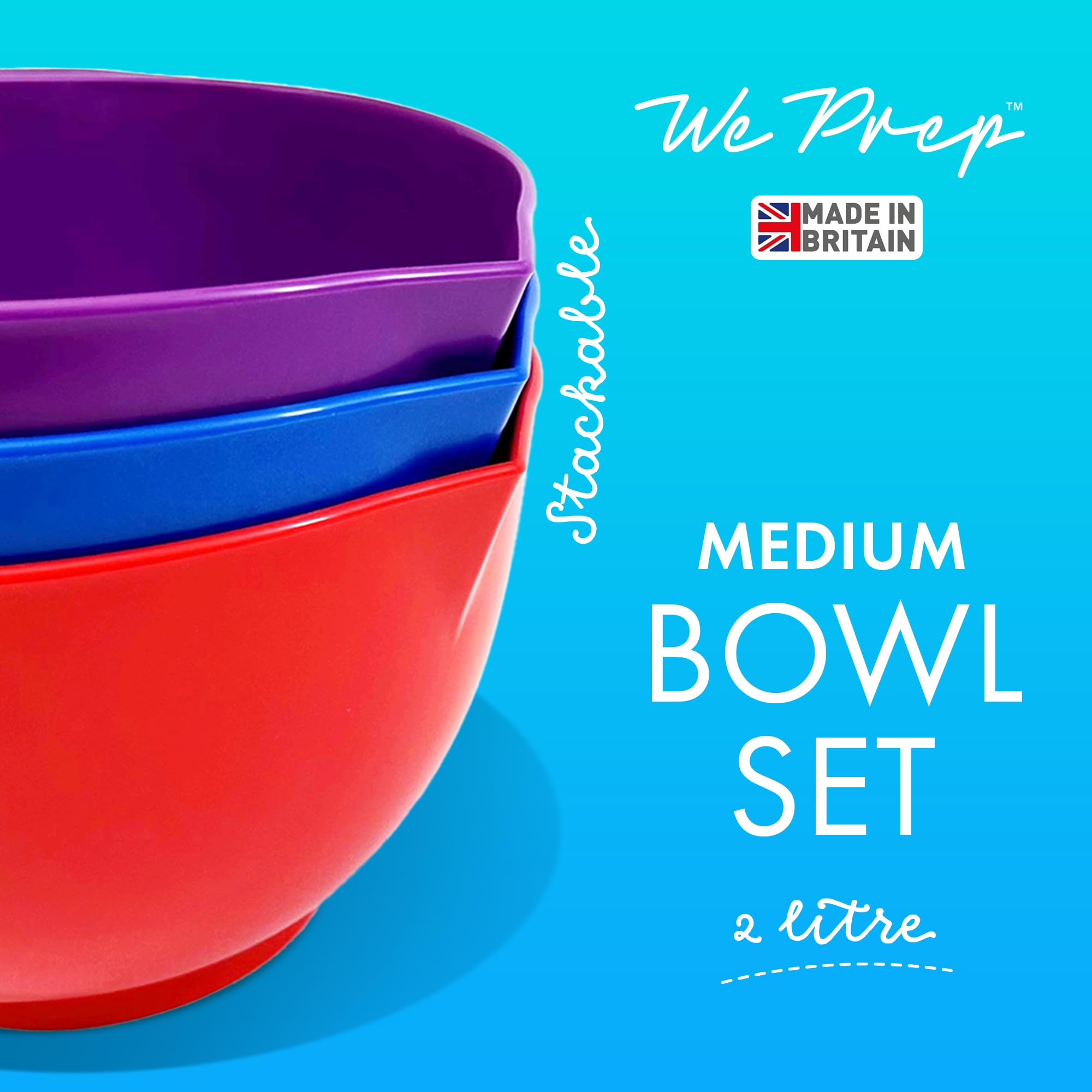 TQGEAR WePrep - 3-Piece Colorful Mixing Bowl Set (1.75-2L Each) for Meal Prep, Baking, Serving Salads, Sauces & Snacks - Perfect for Kitchen, Cooking & Food Storage