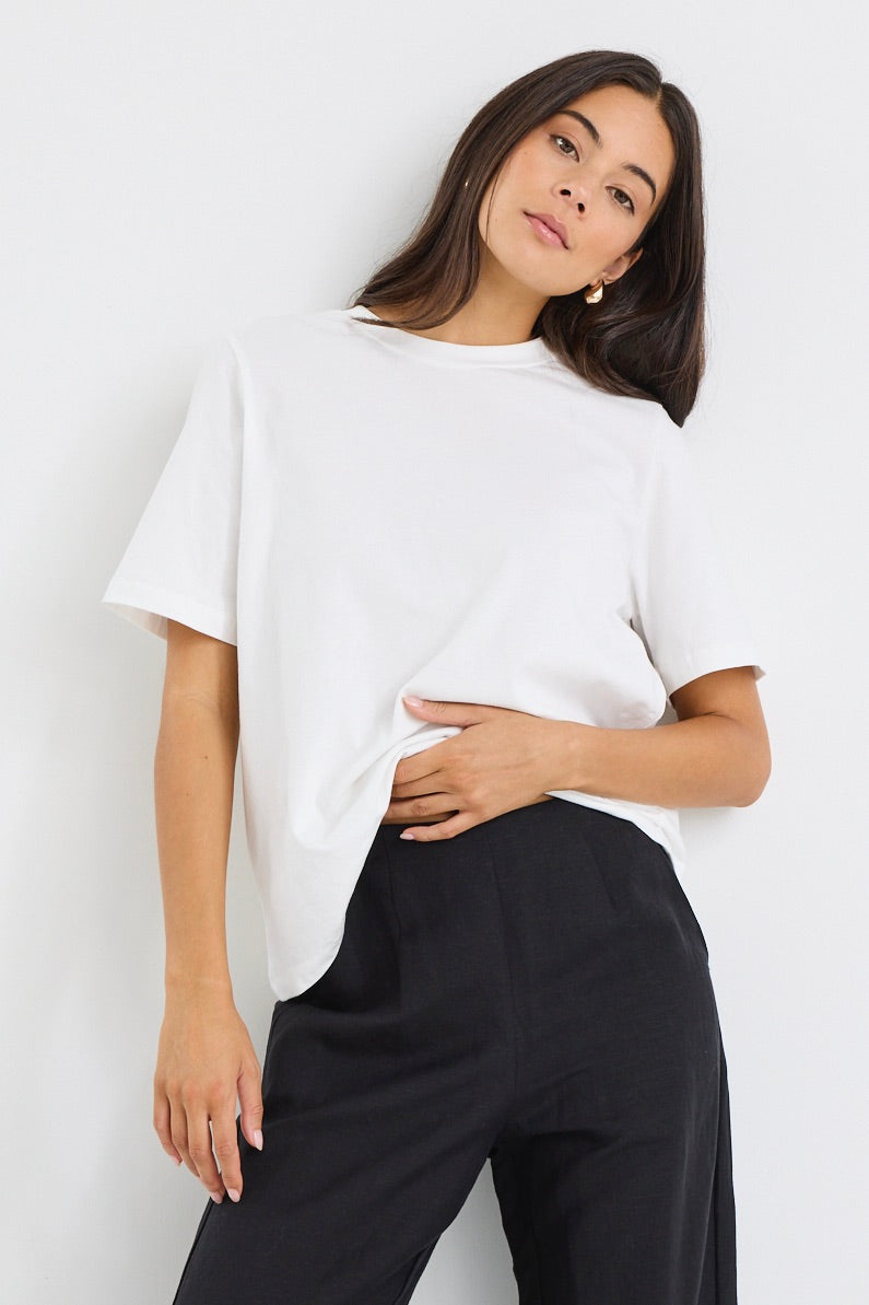 Street Ivory Crew Neck Short Sleeve Boxy T-Shirt for Women - Casual Loose Fit Cotton Top for Everyday Wear, Street Style & Summer Outfits