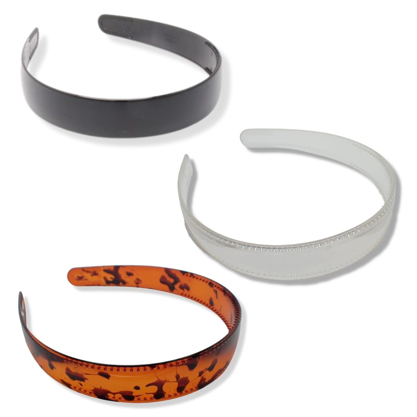 Topkids Plastic Hair Bands for Women, Men, Girls & Boys - 3 Pack (2.5cm Black, Clear & Tortoise Brown) | Alice Headbands for School, Work, Sports & Everyday Use