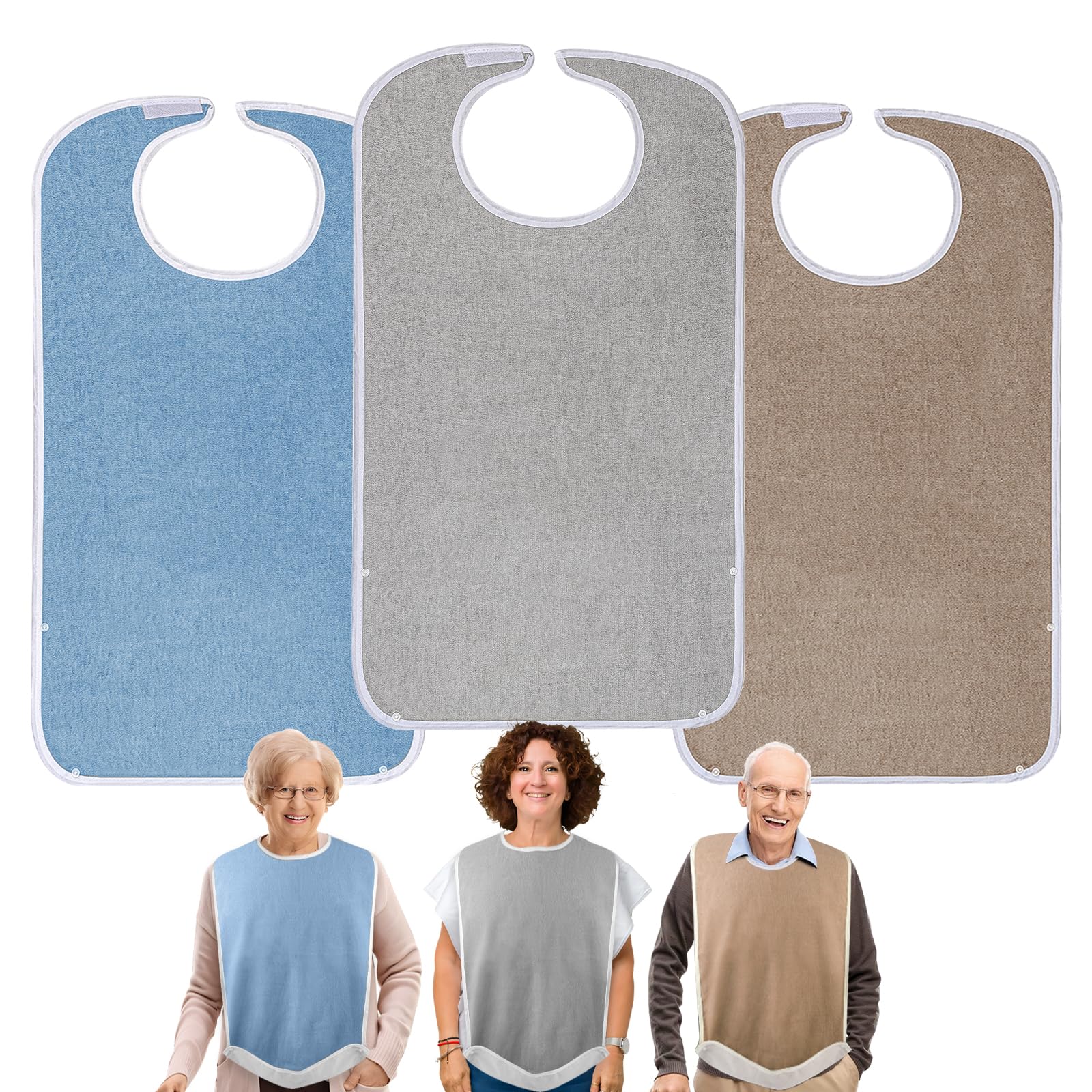Waterproof Reusable Adult Bibs for Men, Women & Elderly - 3 Pack Adjustable Washable Clothing Protector with Crumb Catcher (Blue, Grey, Brown) - Ideal for Dining, Nursing Homes & Disability Care