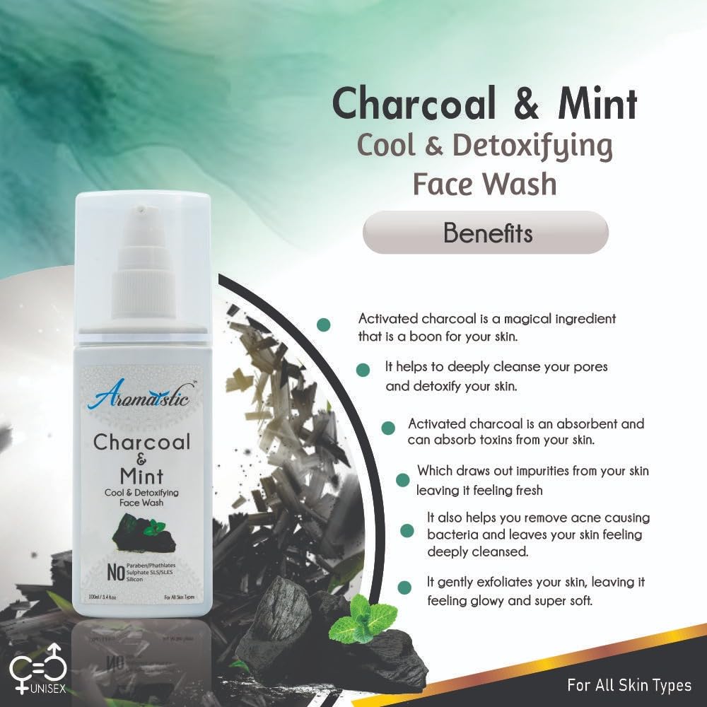 Natural Charcoal & Mint Face Wash for Men & Women - Deep Cleansing, Exfoliating, Aromatherapy | Paraben & Sulfate Free, Pollution Defense | 100ml | Perfect for Daily Skincare & Post-Workout Refreshment