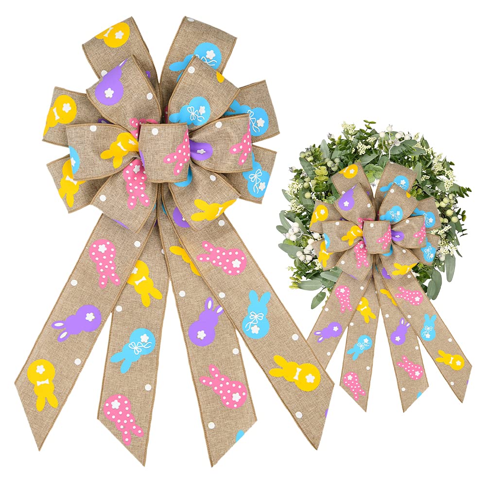ALIBBON Large Easter Bows for Wreaths - Spring Floral Rabbit Burlap Bows for DIY Crafts, Easter Decorations - Colorful Indoor/Outdoor Wreath, Wall & Window Decor - Perfect for Spring Parties, Home Decor & Gift Wrapping