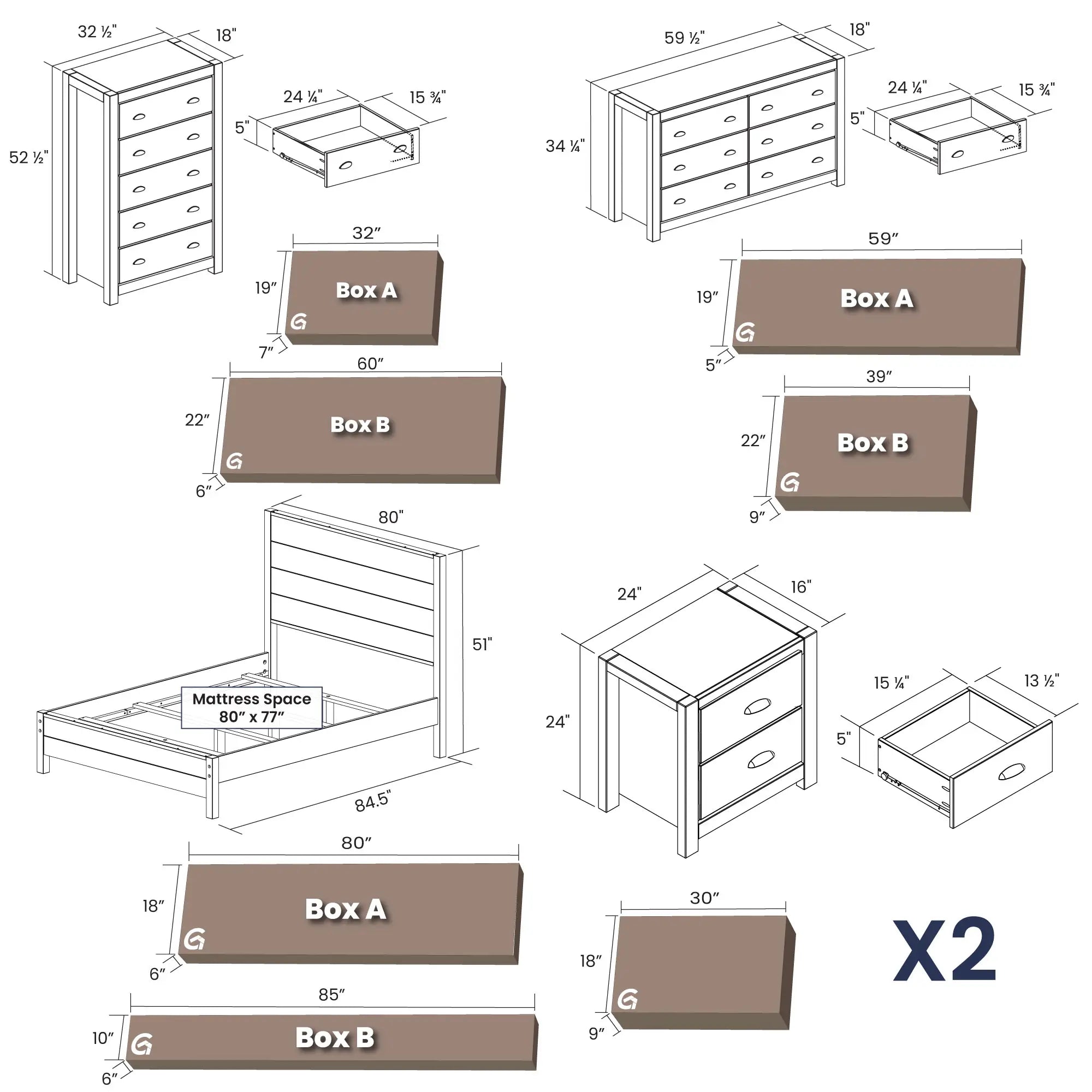 Montauk 5-Piece Bedroom Set - Queen Size Bed, Dresser, Nightstands & Mirror - Modern Farmhouse Furniture for Cozy Home Decor