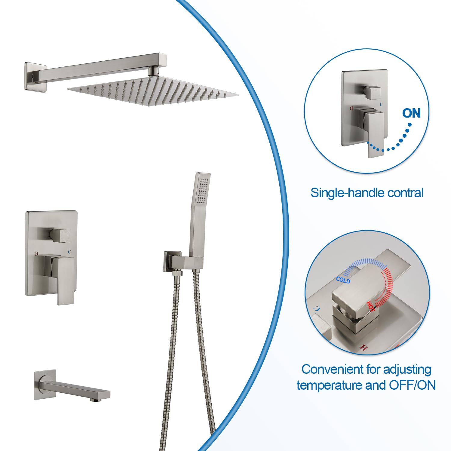 OUGOO 10 Inch Rainfall Shower System with Handheld Sprayer & Tub Spout - Complete Shower Faucet Set with Rough-in Valve & Brushed Nickel Trim Kit - Perfect for Modern Bathroom Renovations & Spa-Like Shower Experience