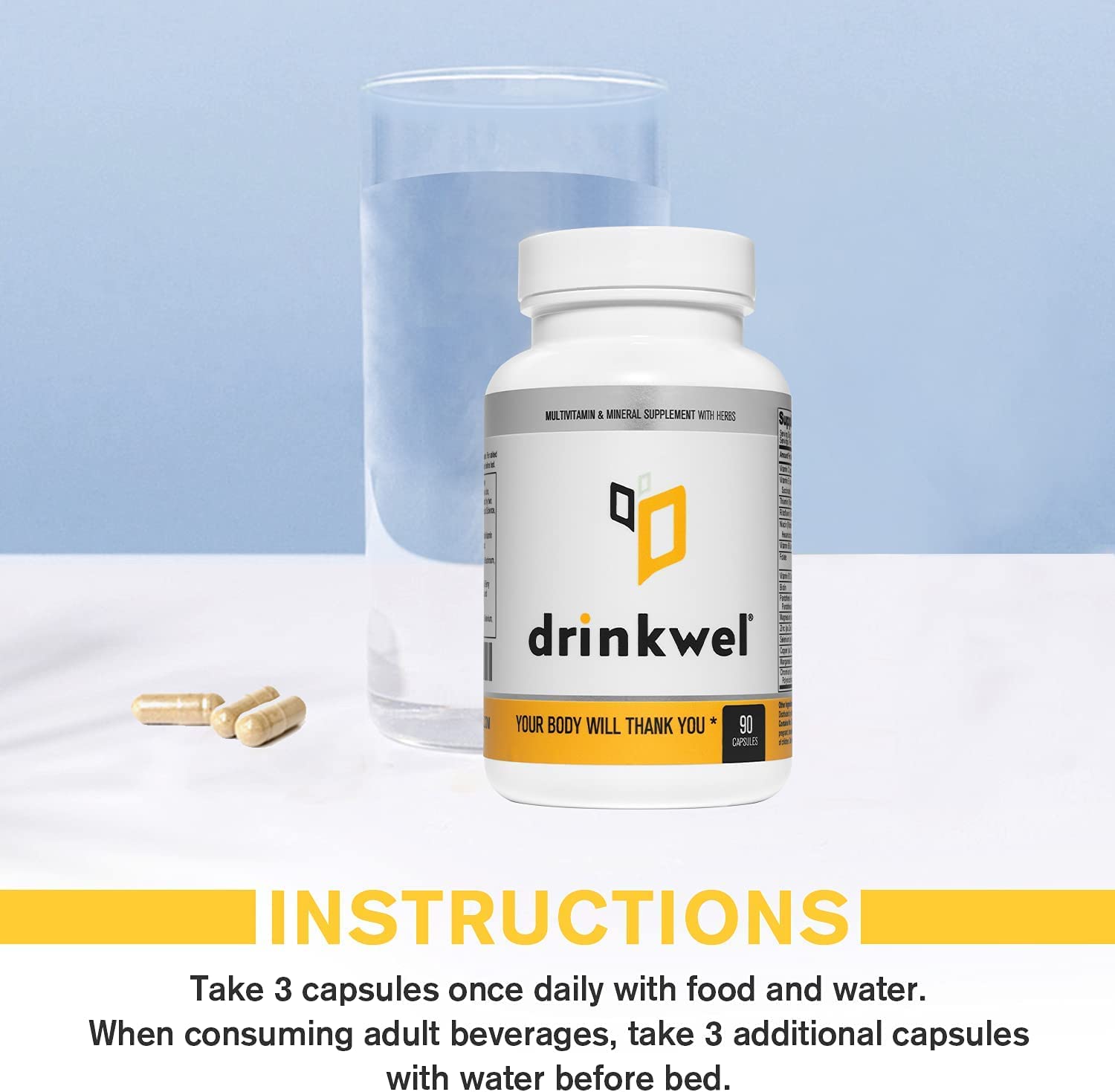 Drinkwel Premium Multivitamin Supplement - Pack of 3 x 90 Capsules for Morning Recovery & Immune Support | Liver Cleanse & Detox with Milk Thistle, Vitamin C, Zinc, Magnesium | Daily Wellness & Hangover Relief for Active Adults
