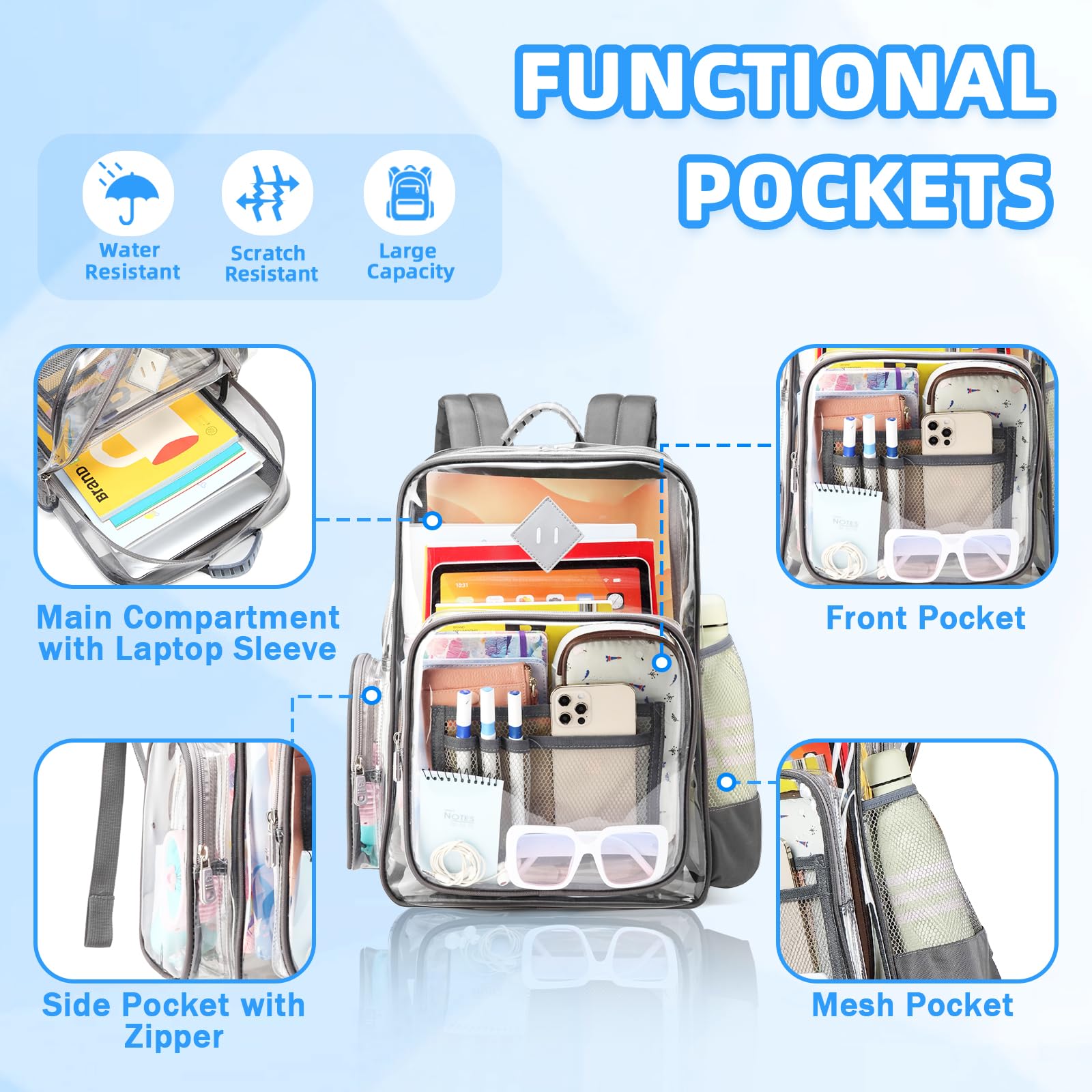 Large Clear Backpack for Men & Women - Heavy Duty PVC Transparent Bookbag, Stadium Approved See-Through Backpack Fits 16 Inch Laptop for School, Work & Travel (Gray) - Perfect for School Security Checks, Concerts, Airports and Office Commutes