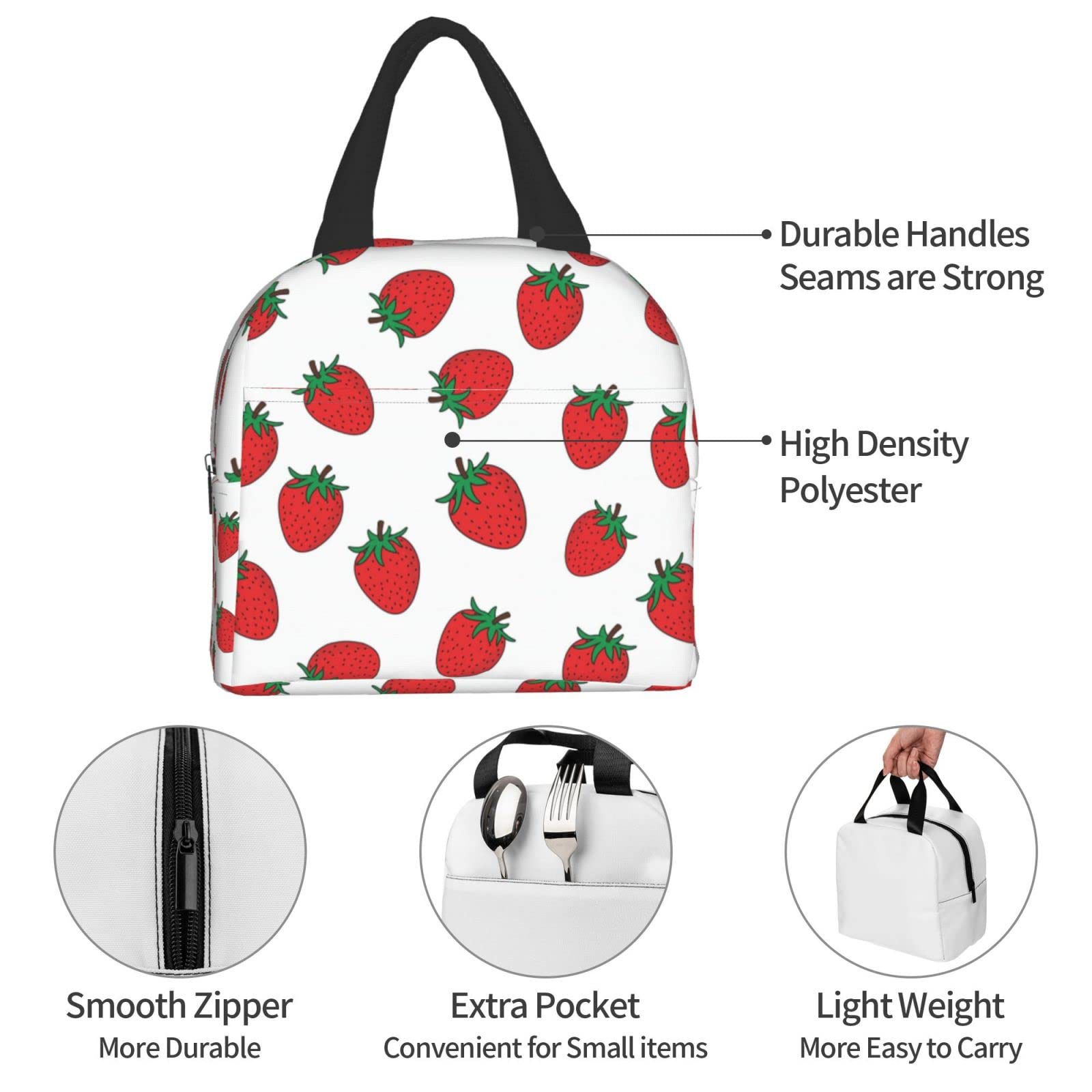 **Insulated Reusable Lunch Bag for Kids, Girls, Women & Teens - Strawberry Design Lunch Box for School, Office, Work, Picnic & Travel - BPA-Free, Leak-Proof & Easy to Clean**