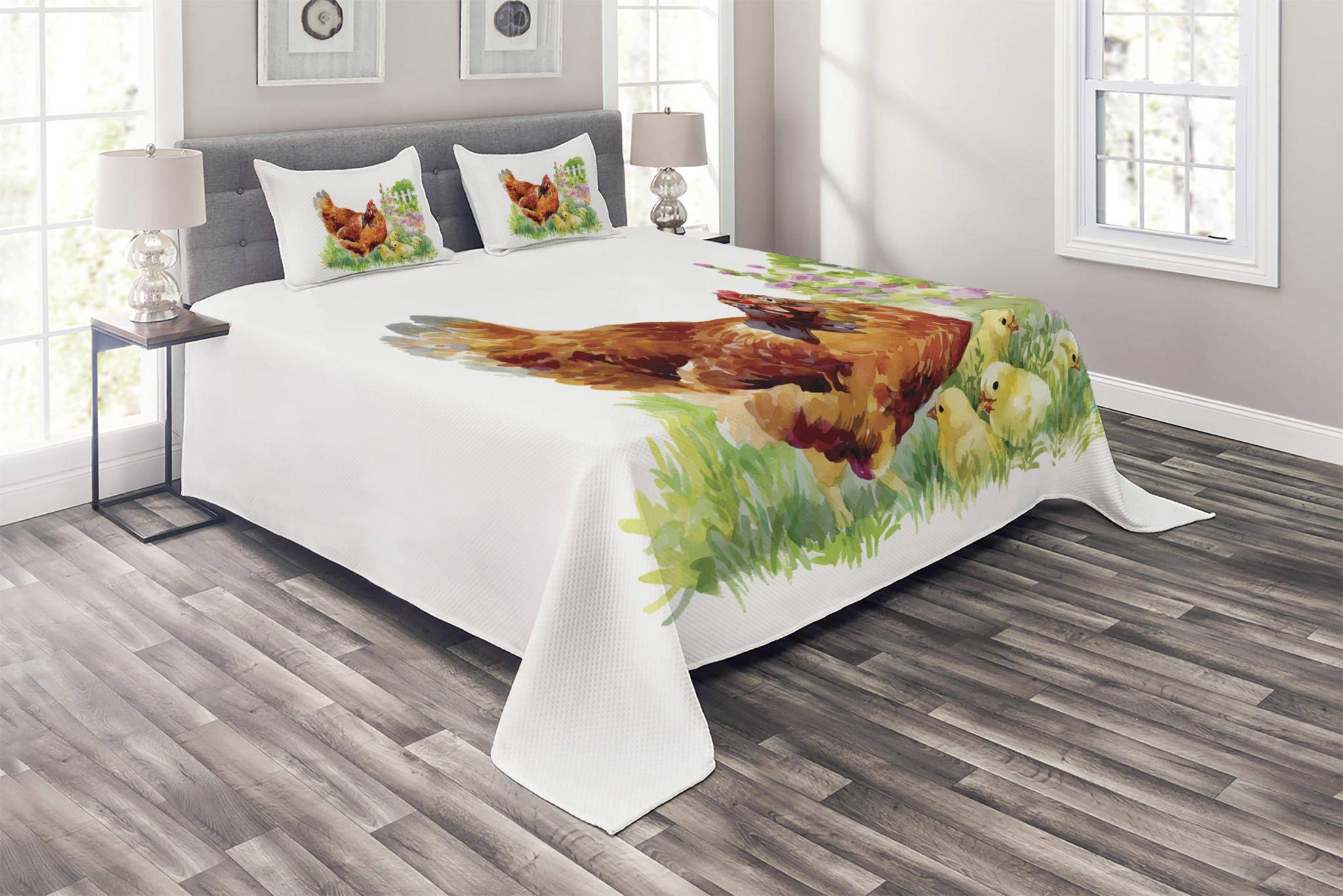 Lunarable Chicken Print Quilted Bedspread Set - 3 Piece King Size Coverlet with 2 Pillow Shams, Aquarelle Hen & Chicks Garden Design with White Fences & Pink Flowers | Farmhouse Decor for Master Bedroom, Guest Room & Cozy Farmhouse Style