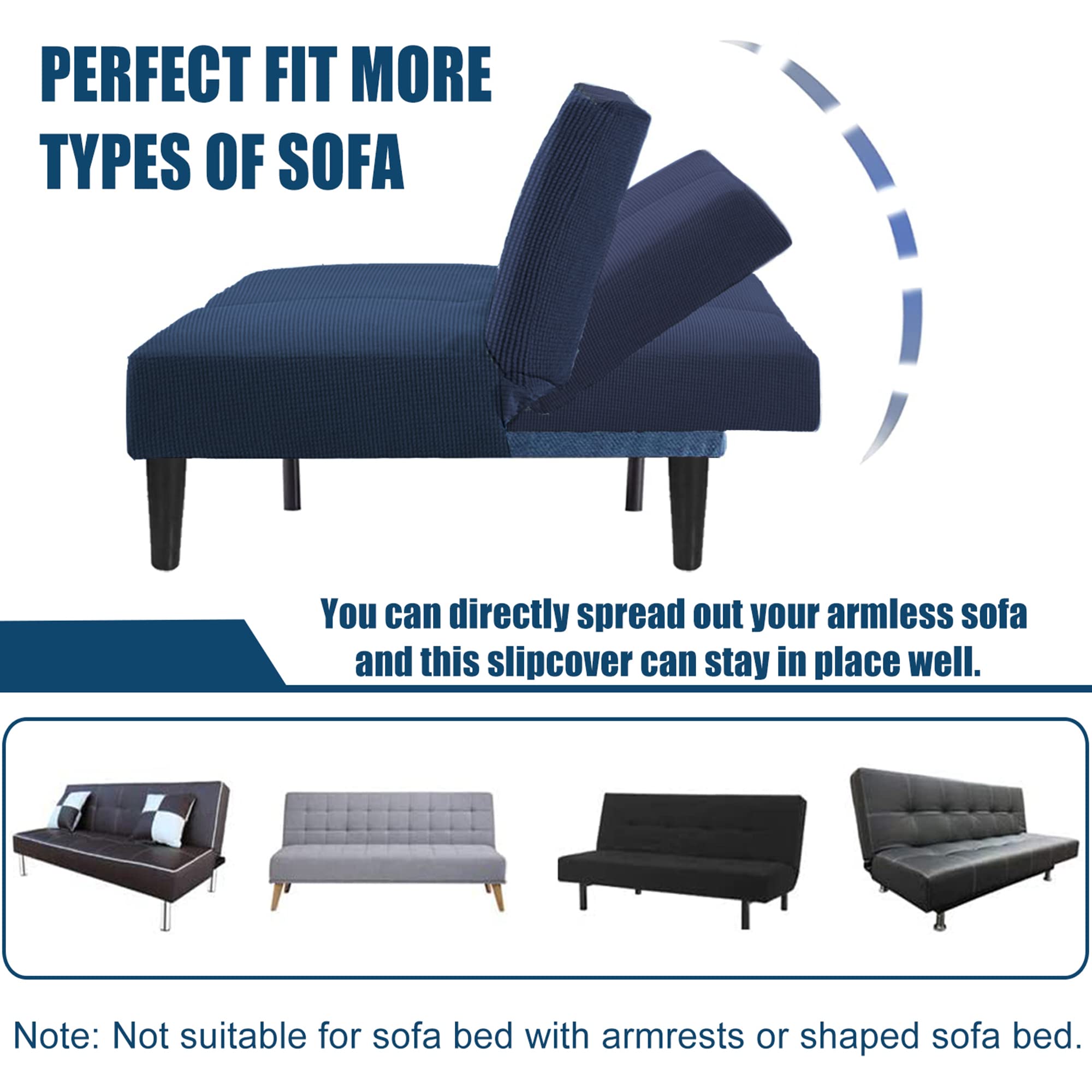 Waterproof Armless Futon Cover for Full Size Sofa Bed - Stretchable, Washable Slipcover with Elastic Bottom - Navy Blue - Perfect for Dorms, Apartments & Guest Rooms