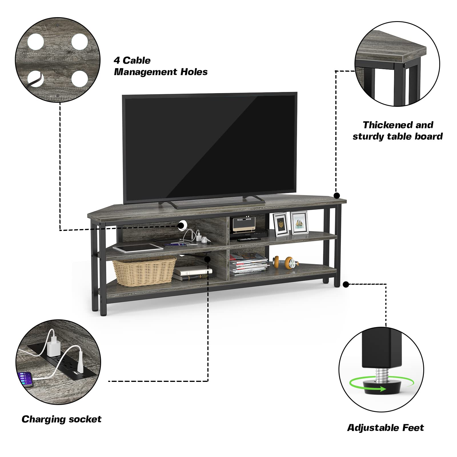 Unikito Corner TV Stand with Power Outlet - Wooden Entertainment Center Media Console with 4 Open Shelves for 55 Inch TV - Gray Oak - Perfect for Living Room, Bedroom & Home Theater Setup