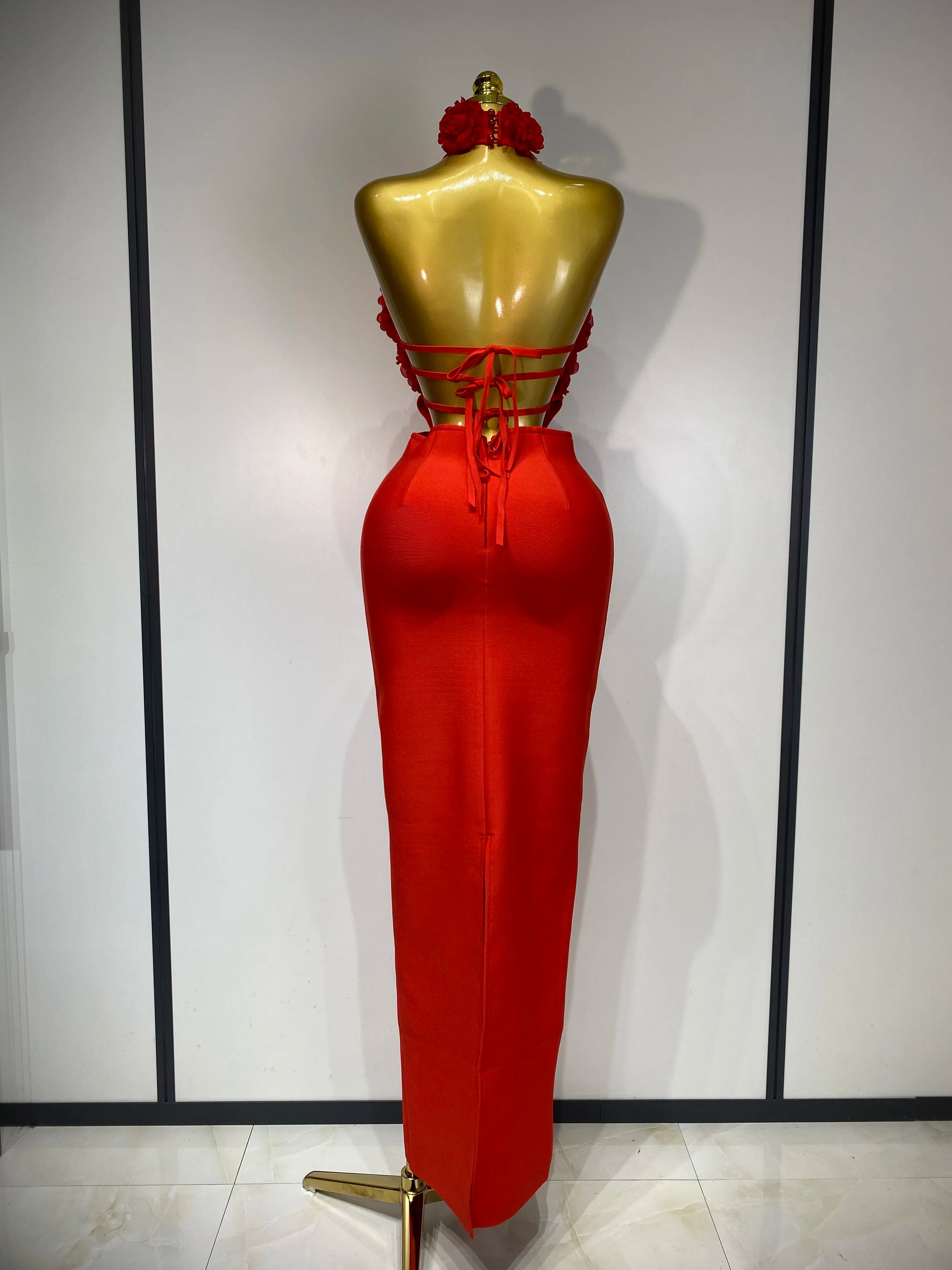 2025 Sexy Women's Halter Hollow Out Floral Bodycon Bandage Dress - Red Backless Elegant Party Dress for Birthday, Wedding & Special Occasions | Perfect for Night Out, Club & Evening Events