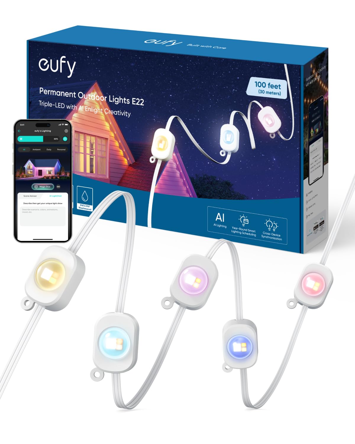eufy Permanent Outdoor Lights E22 - 100ft Smart RGBWW Christmas Lights with 60 Triple-LED Bulbs, IP67 Waterproof, AI Lighting Themes | Perfect for Holiday Decorations, Home Security Linking with Cameras | Ideal for Christmas, Halloween, and Year-Round Outdoor Lighting