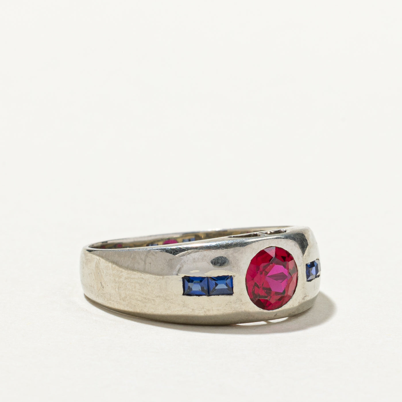 18K Gold Flush Set Synthetic Sapphire & Ruby Ring - Size 8 | Elegant Wedding Band, Anniversary Gift, Birthstone Jewelry for Women