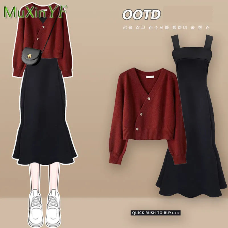 Korean Elegant Bow Cardigan & Sexy Fishtail Skirt Set - Autumn Winter Fashion Knitwear Two Piece Outfit for Women | Perfect for Date Nights, Office Wear & Holiday Parties