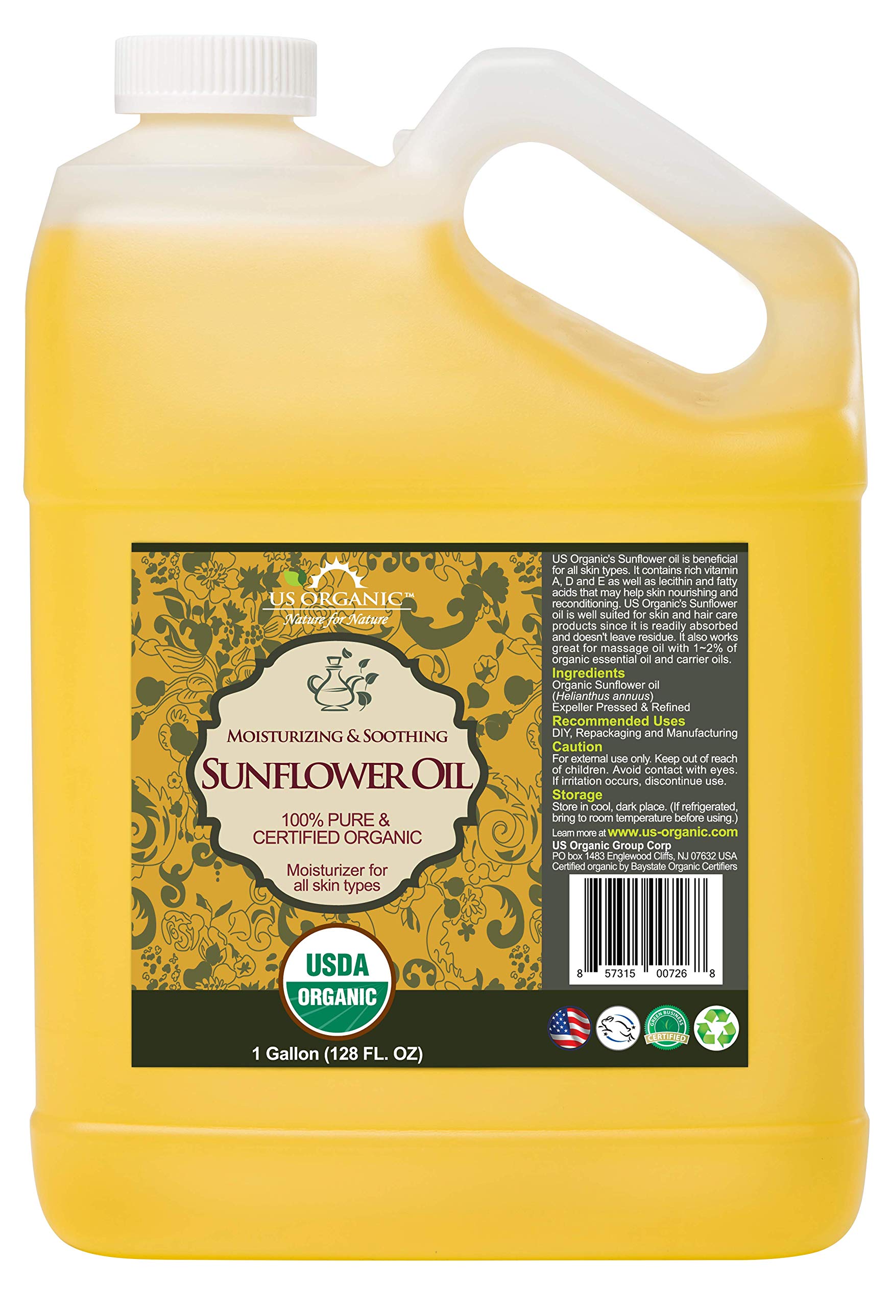 USDA Certified Organic Sunflower Carrier Oil - 100% Pure, Natural & Expeller Pressed - Bulk 1 Gallon (128 oz) for Massage, Aromatherapy, Skincare & DIY Cosmetics | Perfect for Spa, Wellness & Natural Beauty Products