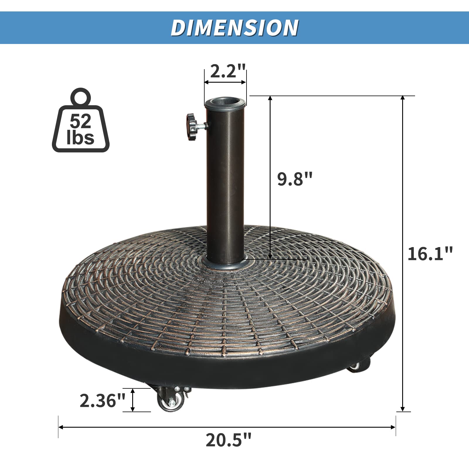 Heavy Duty 52lbs Patio Umbrella Base with Wheels for Outdoor Market Umbrellas - Perfect for Garden, Deck & Poolside Use