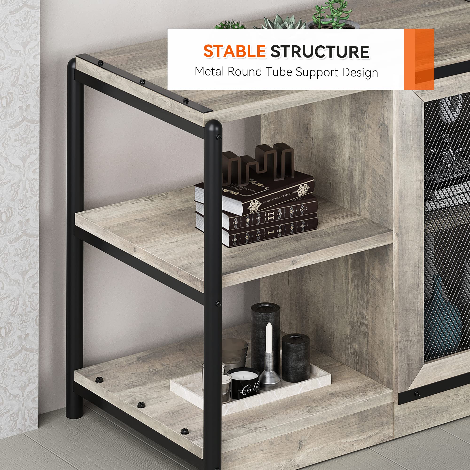 IDEALHOUSE 65 Inch TV Stand with Storage Cabinet - Farmhouse Style Entertainment Center with Mesh Doors, Industrial TV Media Console for Living Room - Rustic Grey Home Theater Furniture for Movie Nights & Family Gatherings