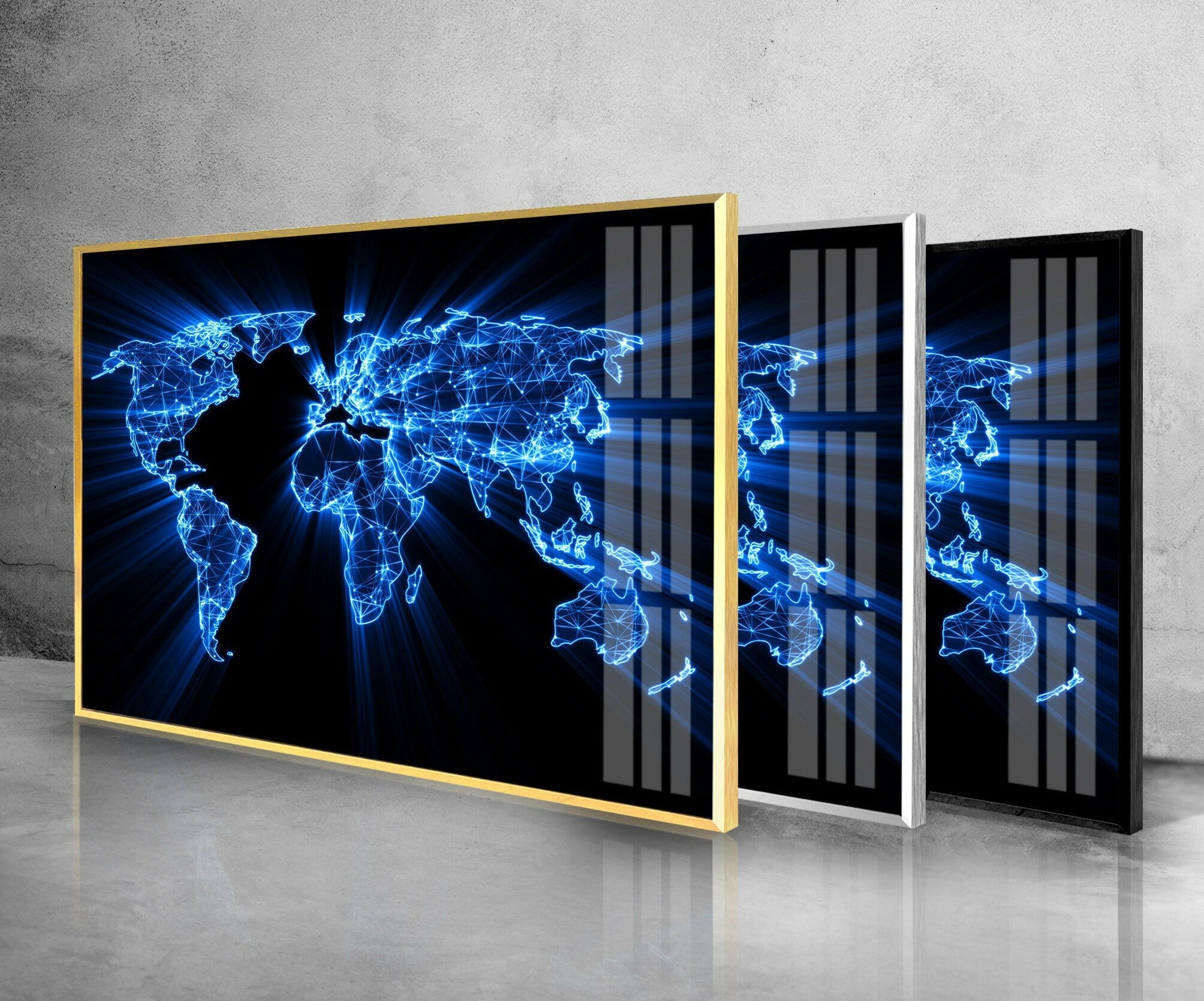 Blue Neon World Map Glass Wall Art - Modern Home Decor for Living Room, Bedroom & Office - Unique Gift Idea for Travel Lovers & Geography Enthusiasts