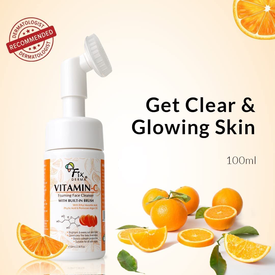 Vitamin C Foaming Face Cleanser with Brush - Brightening & Anti-Aging Facial Wash for Women & Men | Evens Skin Tone, Reduces Wrinkles & Exfoliates | 100ml | Perfect for Morning & Night Skincare Routine