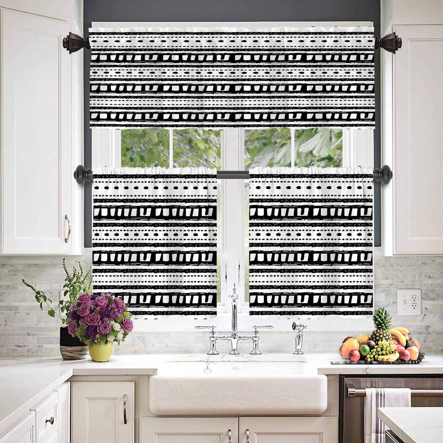 Blackout Geometric Stripe Kitchen Curtains 2 Pack 26x24 Inches - Black Polyester Window Valances for Modern Kitchens, Perfect for Sun Protection & Home Decor