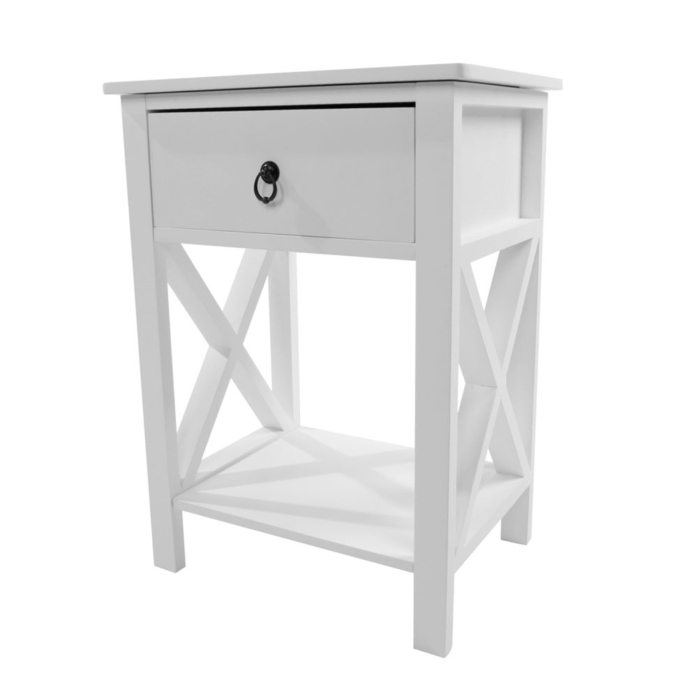 Modern White End Table with Drawer & 2-Tier Storage Shelf - Perfect for Bedroom Nightstand, Living Room Side Table & Small Space Organization