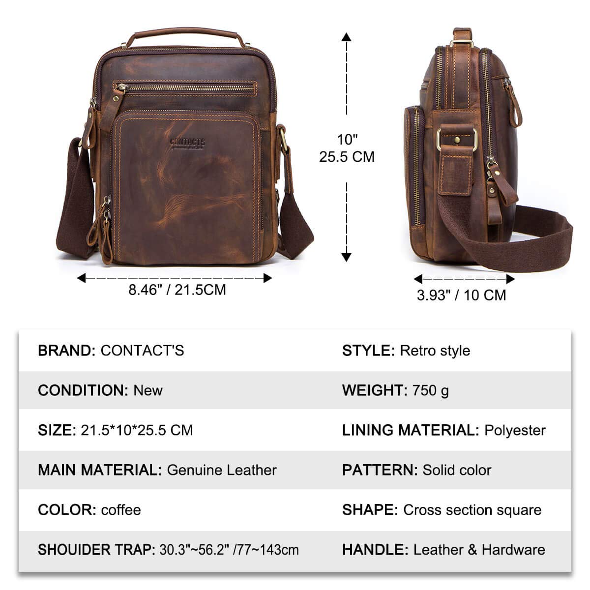 Hiram Genuine Crazy Horse Cow Leather Messenger Bag for Men - 10