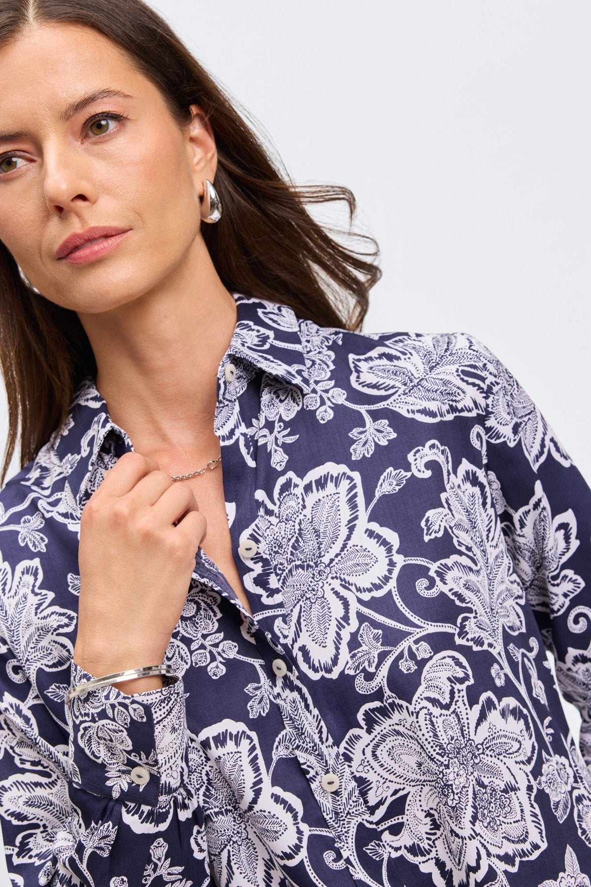 Meghan Woodblock Floral Long Sleeve Shirt - Women's Bohemian Printed Blouse for Casual Wear & Spring Outfits