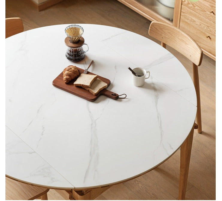 Solid Oak Round Folding Dining Table with Natural Stone Slab Top - Perfect for Small Spaces, Outdoor Dining & Home Decor