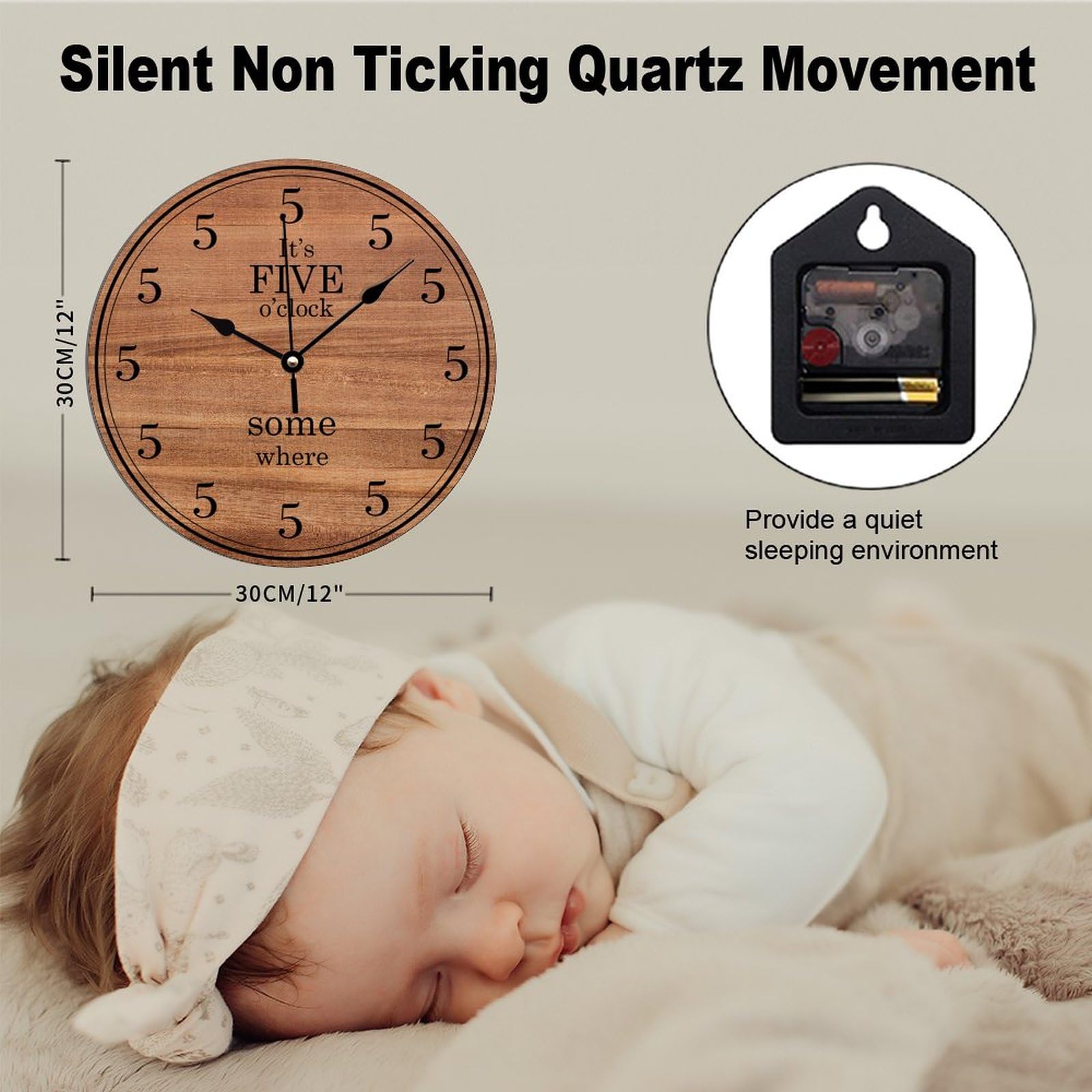 Funny Coworker Wall Clock - Silent Non-Ticking 12 Inch Wooden Clock with 'It's Five O'Clock Somewhere' Design | Battery Operated Home Decor for Kitchen, Living Room, Bathroom & Office | Perfect Gift for Colleagues, Housewarming & Retirement Parties