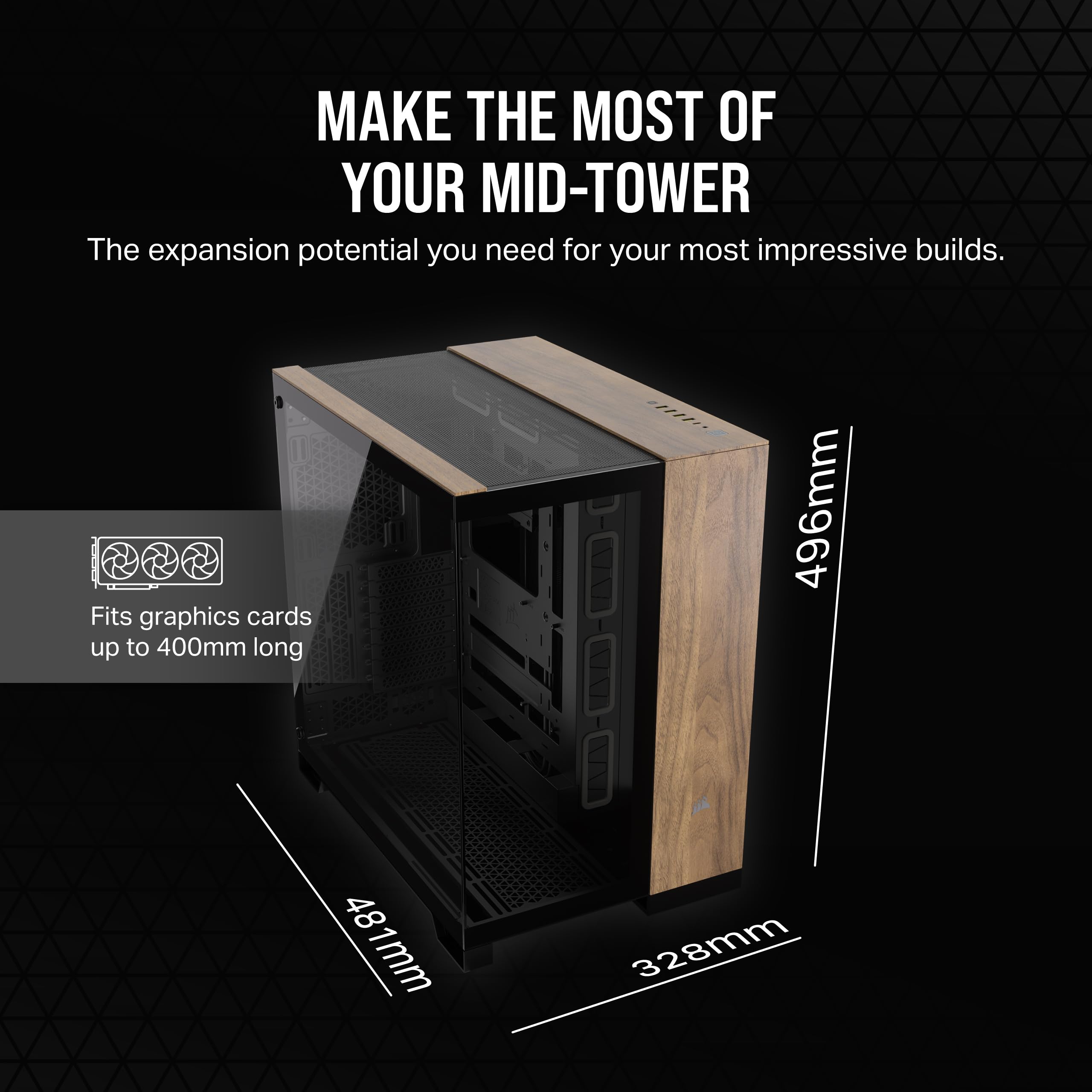 CORSAIR 6500X Mid-Tower ATX Dual Chamber PC Case - Panoramic Tempered Glass, Reverse Connection Motherboard Compatible, High Airflow Design - Black/Walnut Wood (No Fans Included) - Perfect for Gaming Rigs, Workstations & Custom PC Builds