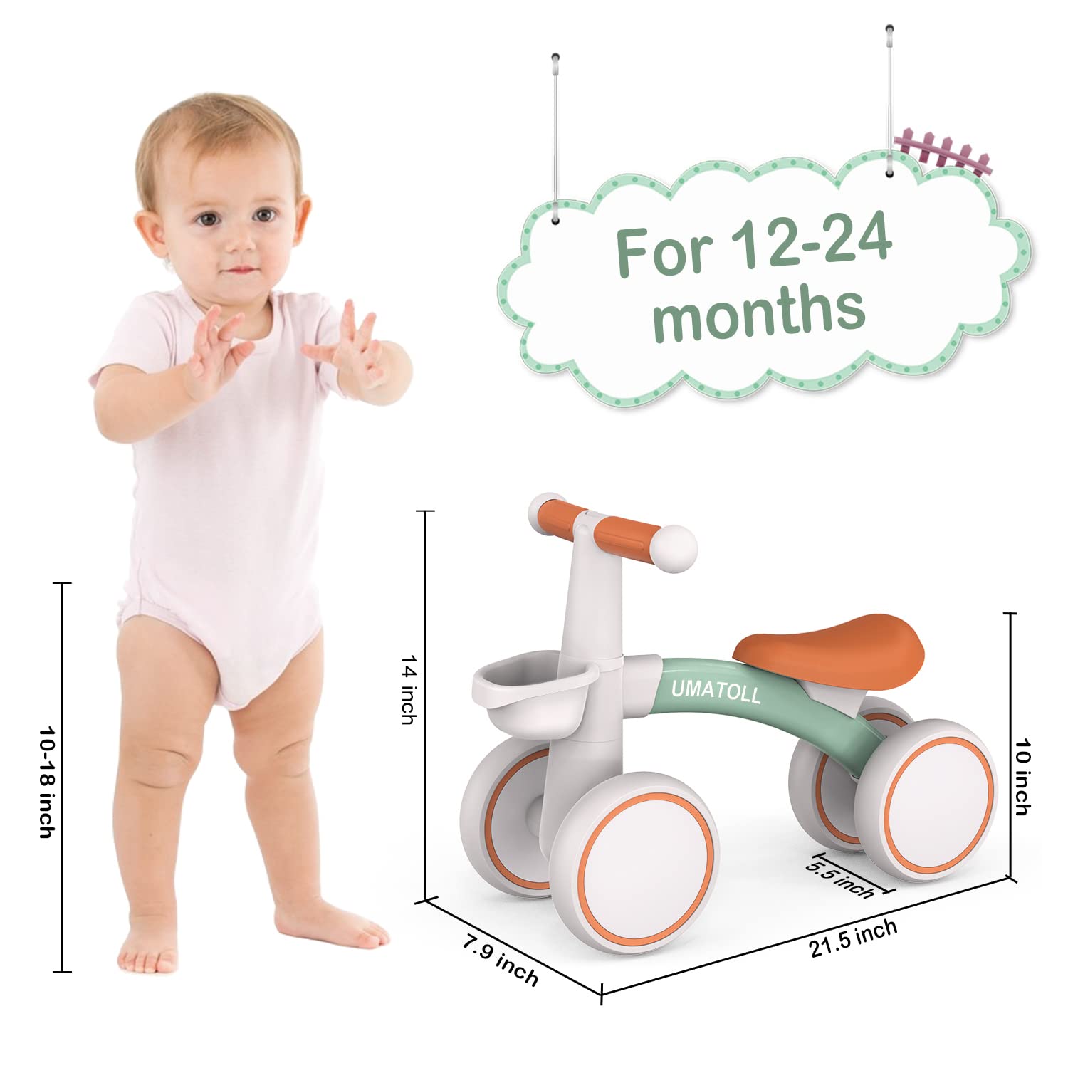 Umatoll Baby Balance Bike for 1-2 Year Olds | Adjustable Seat 4-Wheel Toddler Bike with Removable Basket | First Birthday Gift for Boys & Girls | Perfect for Indoor Play & Outdoor Learning to Ride | Green