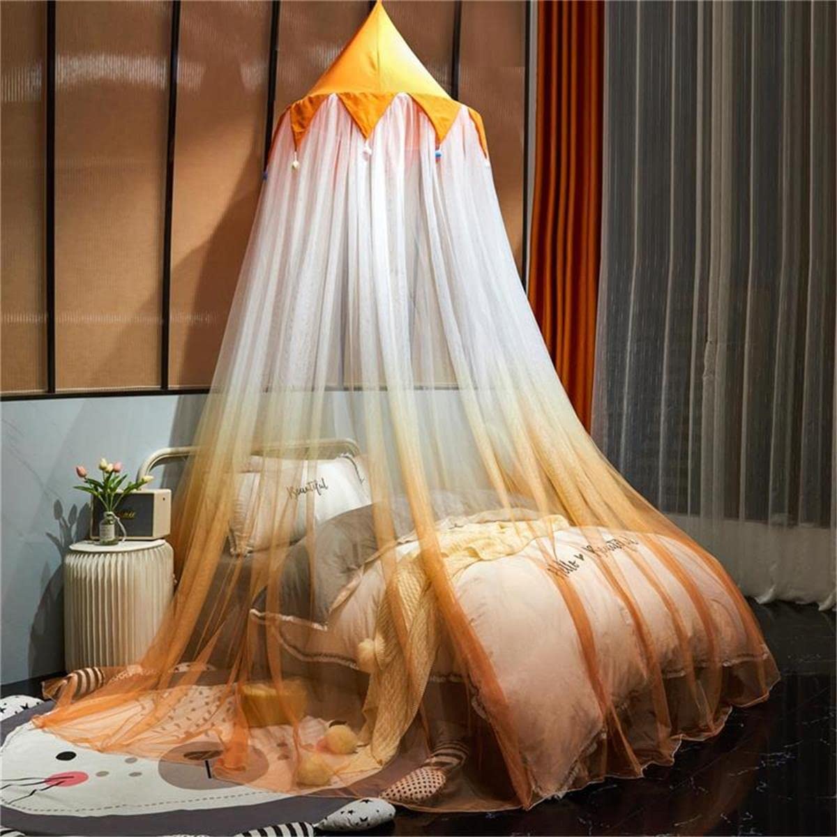 Eimilaly Gradient Orange Bed Canopy with Crown Top Design - Full Size Princess Canopy for Girls & Boys Bedroom Decor, Breathable Mesh Netting - Perfect for Kids' Room, Nursery, or Fantasy Themed Bedrooms