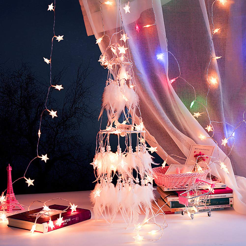 Dremisland Double Circle White Feather Dream Catcher with LED Fairy Lights - Boho Wall Hanging Decor for Bedroom, Nursery, Wedding & Party | Mobile Ceiling Ornament, Home Decoration, Gift Idea