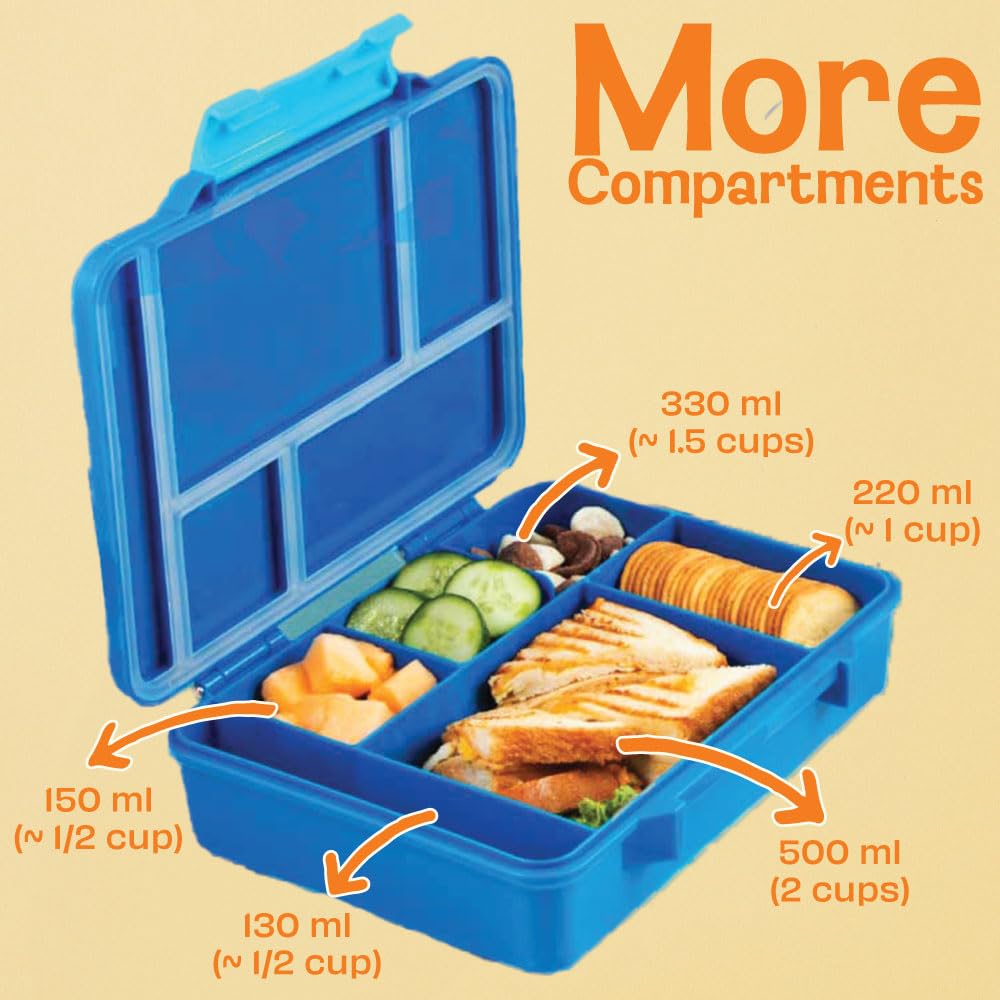 Basil Binge Bento Box - 5 Compartment Leak Proof Lunch Box for Kids (1330ml) | BPA Free & Eco-Friendly Tiffin Box | Perfect for School, Picnics & Travel | Space-Themed Kids Lunch Container
