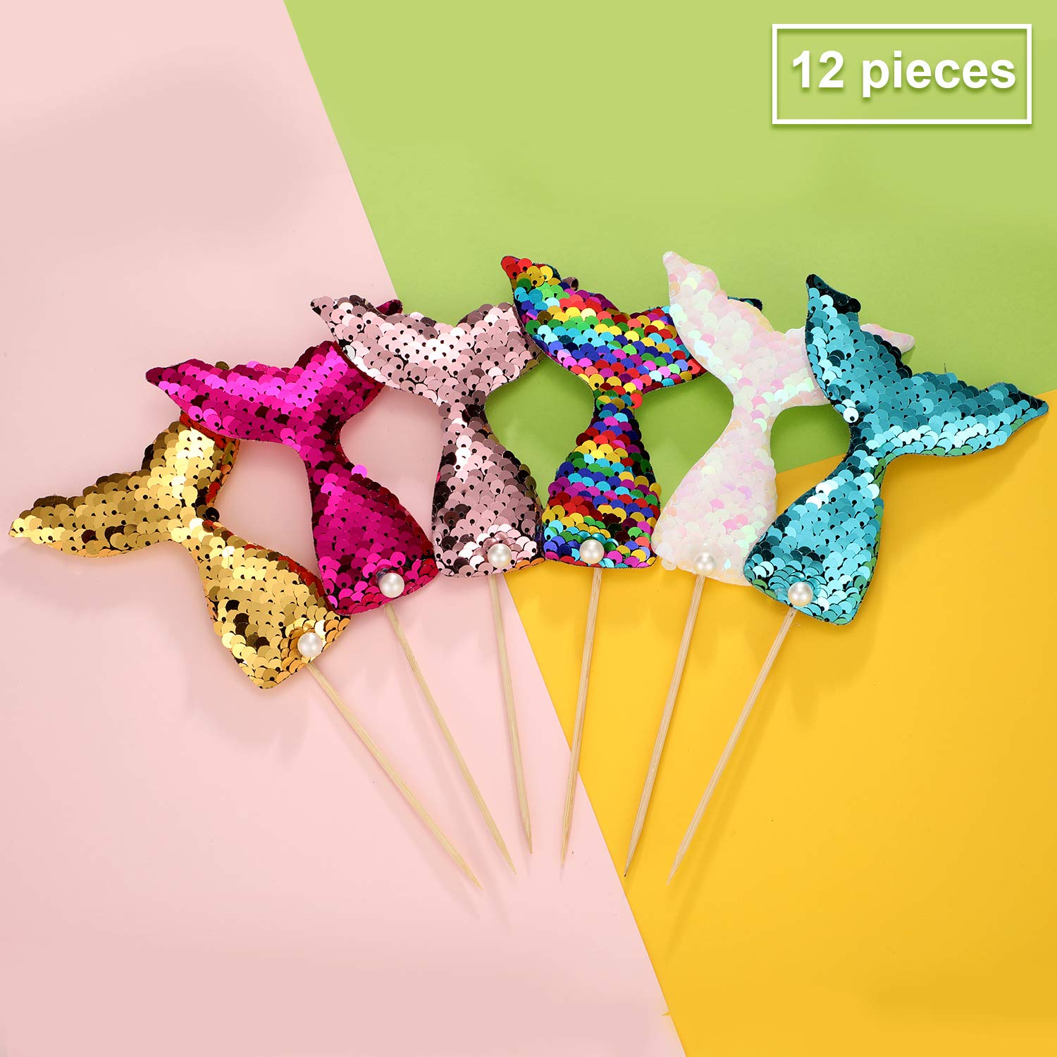 12-Piece Mermaid Cupcake Toppers - Sequin Under the Sea Cake Decorations with Mermaid Tail Toothpicks for Birthday, Wedding & Party Favors - Perfect for Ocean-Themed Celebrations and Dessert Displays