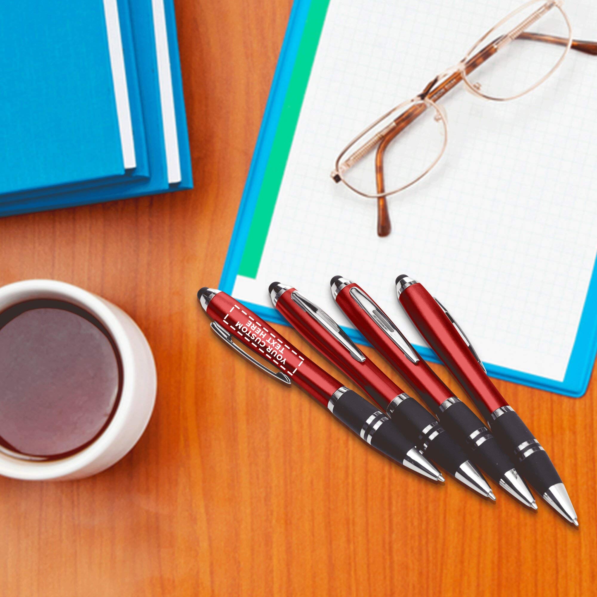 Customized Ballpoint Pens with Stylus Grip - 100 Pack Bulk Office Supplies - Personalized Text & Logo Printing - Red Plastic Pens for Business Promotions, School, and Office Use
