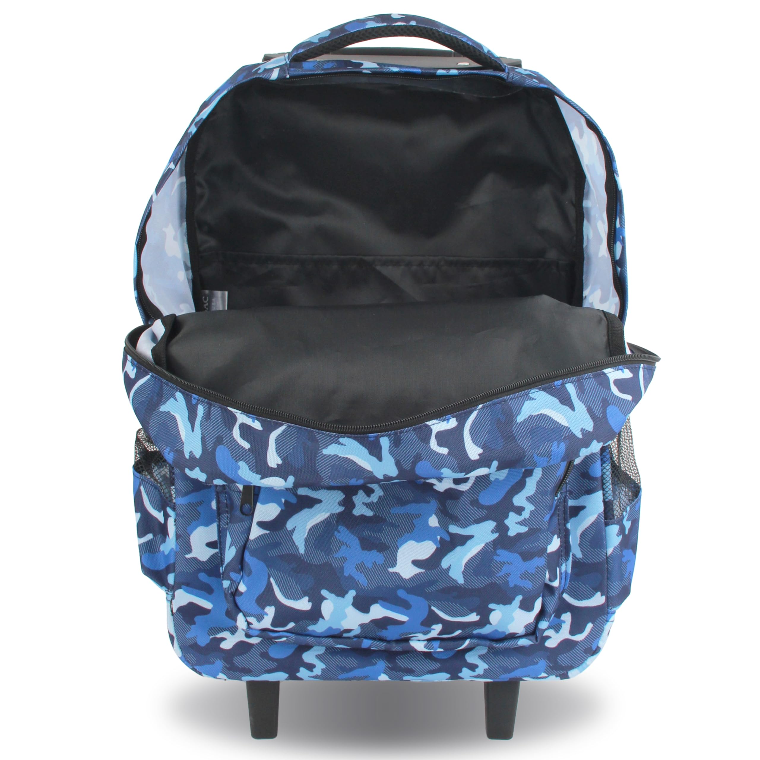 Unisex Rolling Backpack for Kids & Adults - Boys Girls Wheeled Luggage with 360° Spinner Wheels, Blue Camo Design, 19 Inch Carry On Size - Perfect for School, Travel & Daily Commute
