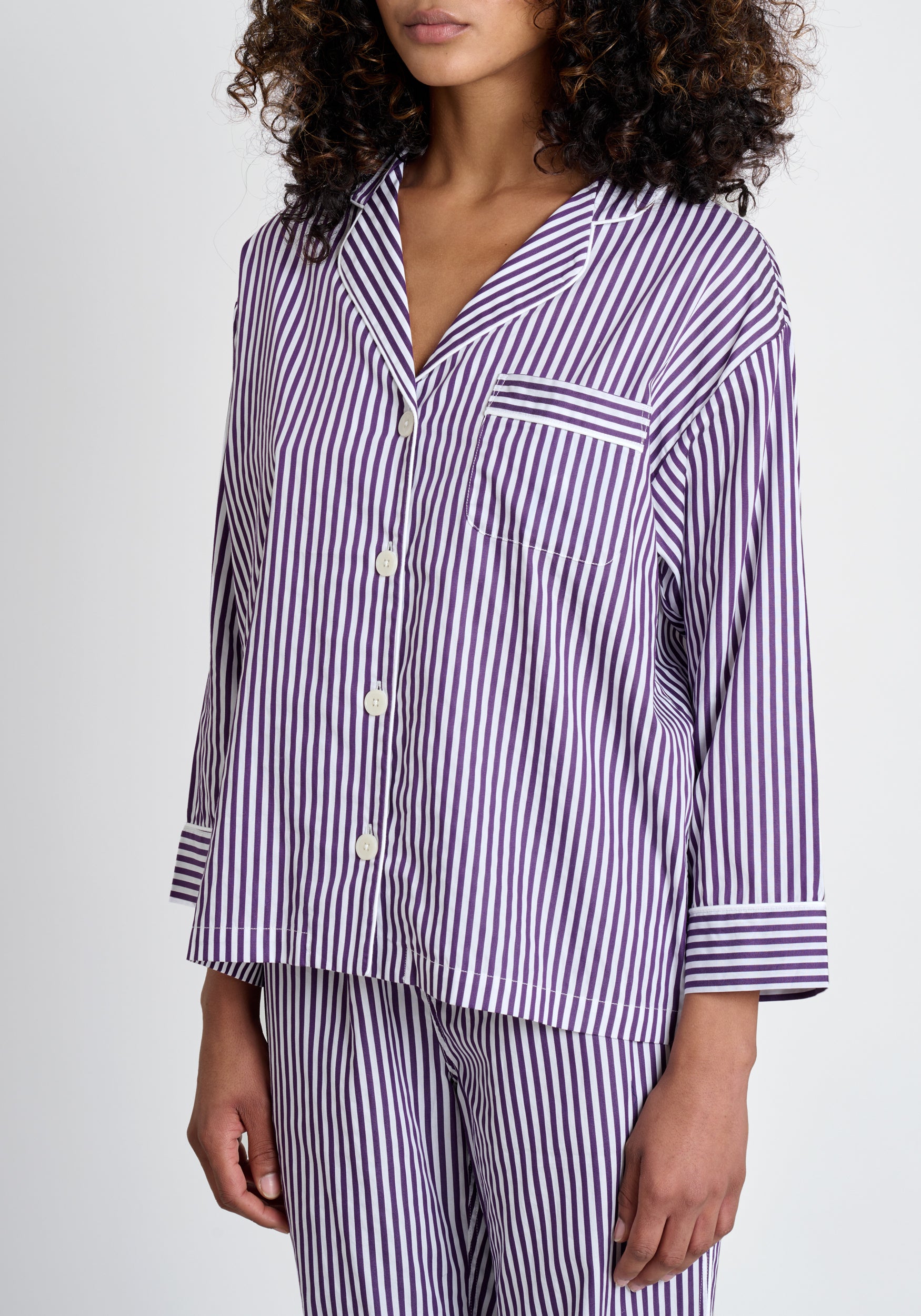 Marina Pajama Set - Purple Sateen Striped Sleepwear for Women | Soft & Comfortable Nightwear for Lounge, Sleep & Relaxation at Home