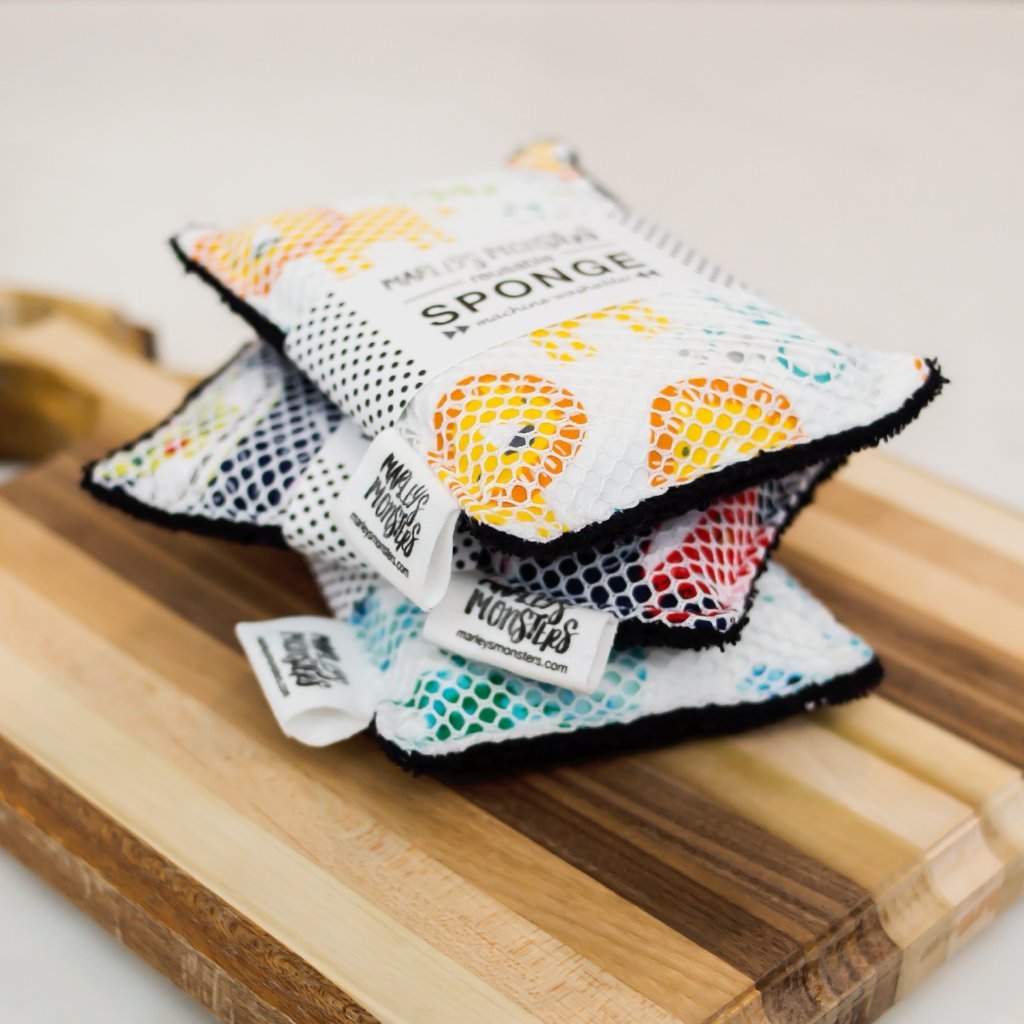 Eco-Friendly Washable Sponge - Reusable Kitchen Sponge Set in Black & Print Designs by Marley's Monsters | Perfect for Dishwashing, Cleaning & Zero Waste Lifestyle