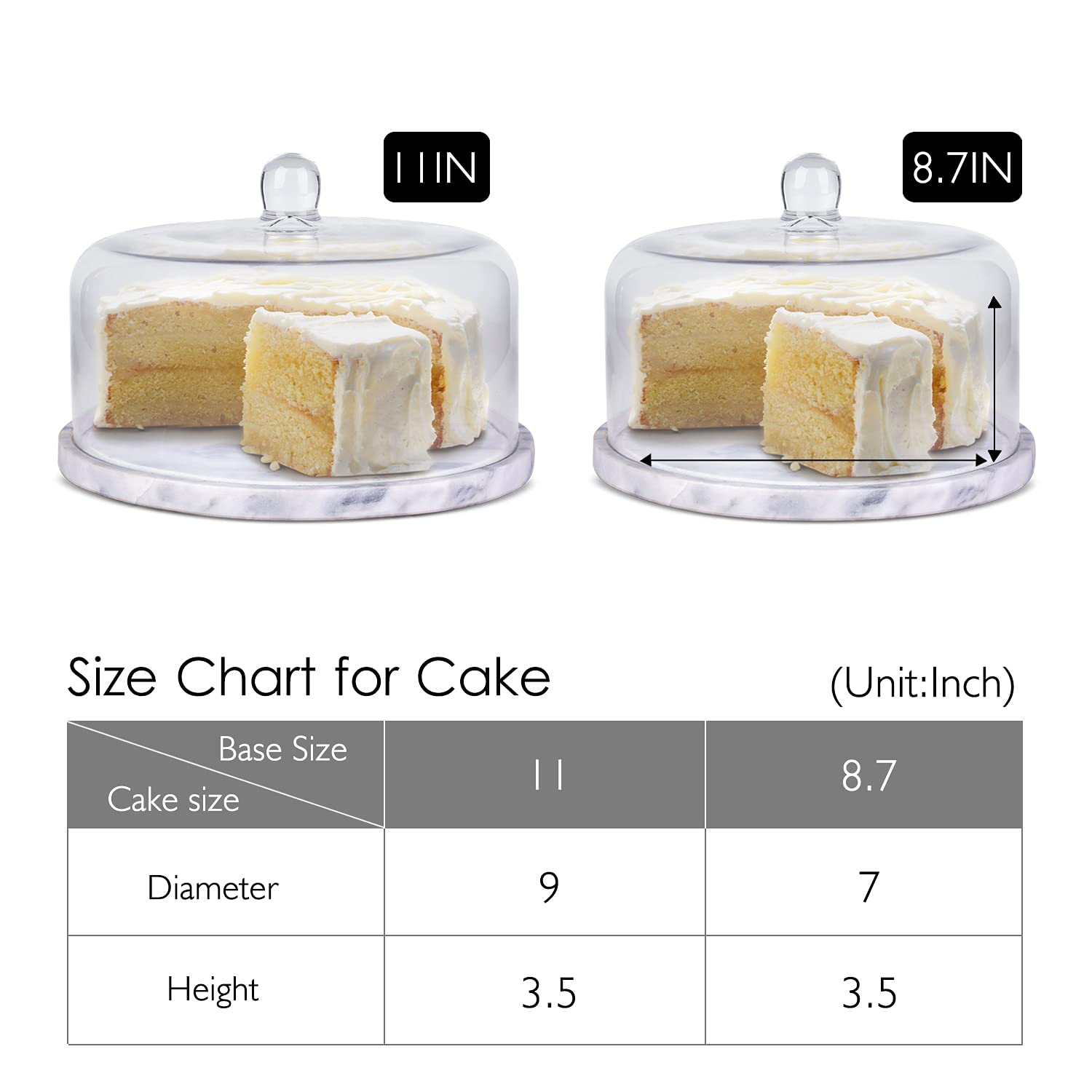 Flexzion 8.7 Inch Marble Cheese Holder & Cake Stand with Glass Lid - Elegant Cheese Dome, Cake Saver Serving Platter, Stone Cutting Board for Kitchen, Dining Room & Bakery Display - Perfect for Weddings, Parties & Dessert Presentation
