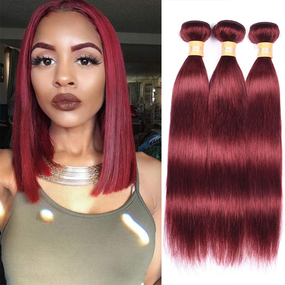 WOME Light Wine Red Hair Extensions - 3 Bundles Peruvian Virgin Human Hair #33 Silky Straight Wefts (12