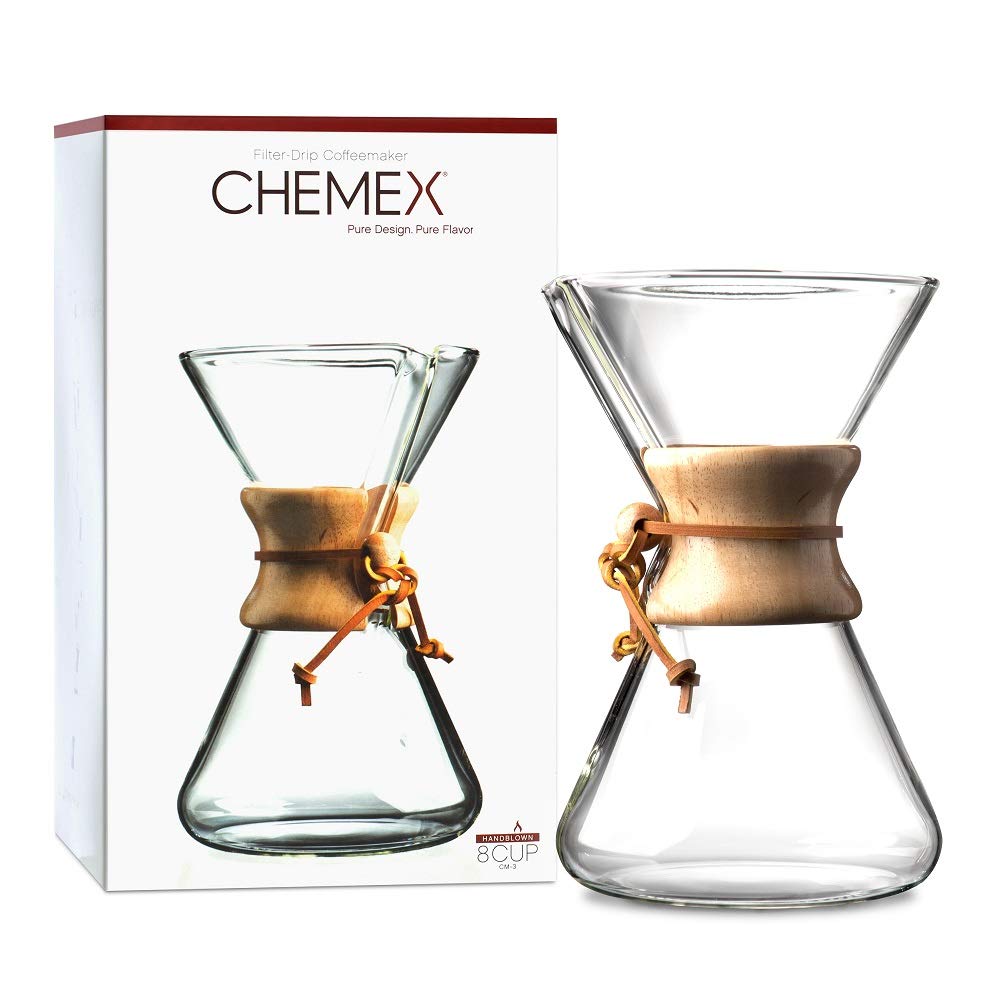Premium Chemex Pour-Over Glass Coffeemaker - Hand Blown 8-Cup Coffee Maker with Wood Collar & Leather Tie - Perfect for Home Brewing, Office Use & Specialty Coffee Lovers