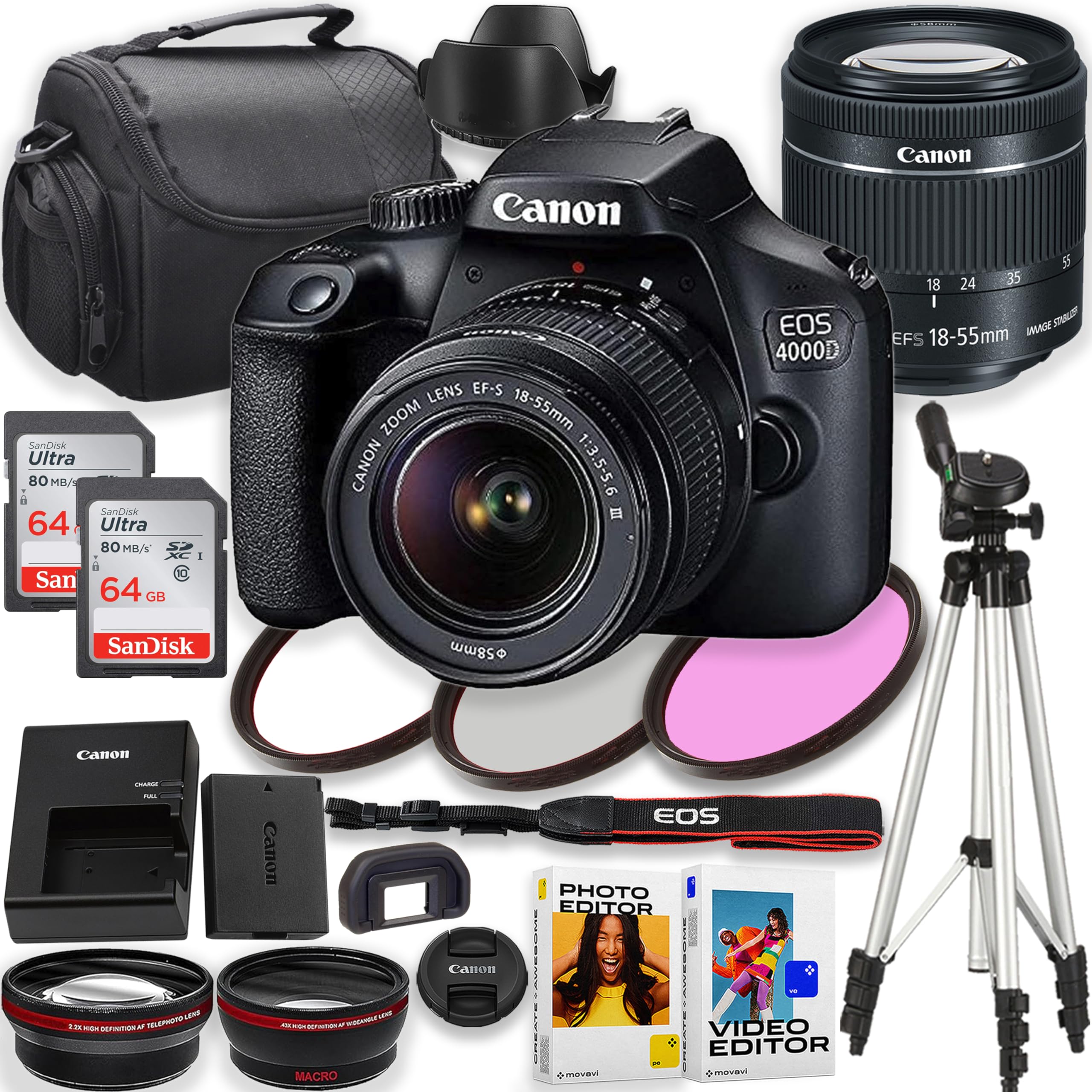 Canon EOS Rebel T100 DSLR Camera Bundle with EF-S 18-55mm Lens, 128GB Memory Card, Tripod & Editing Software - Perfect for Beginners, Travel Photography & YouTube Videos (Renewed)