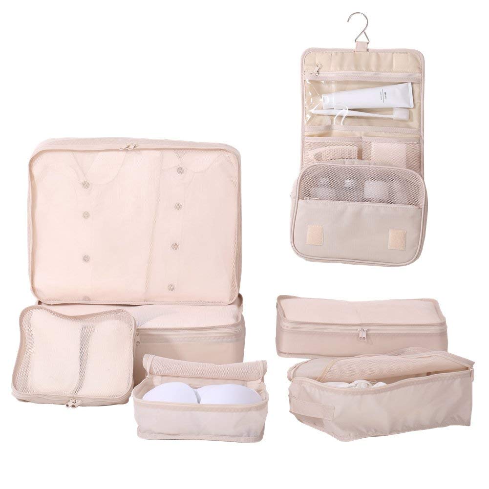 JJ POWER 7-Piece Travel Packing Cubes Set - Luggage Organizers with Toiletry Bag & Shoe Bag (Beige) | Perfect for Business Trips, Vacations & Weekend Getaways