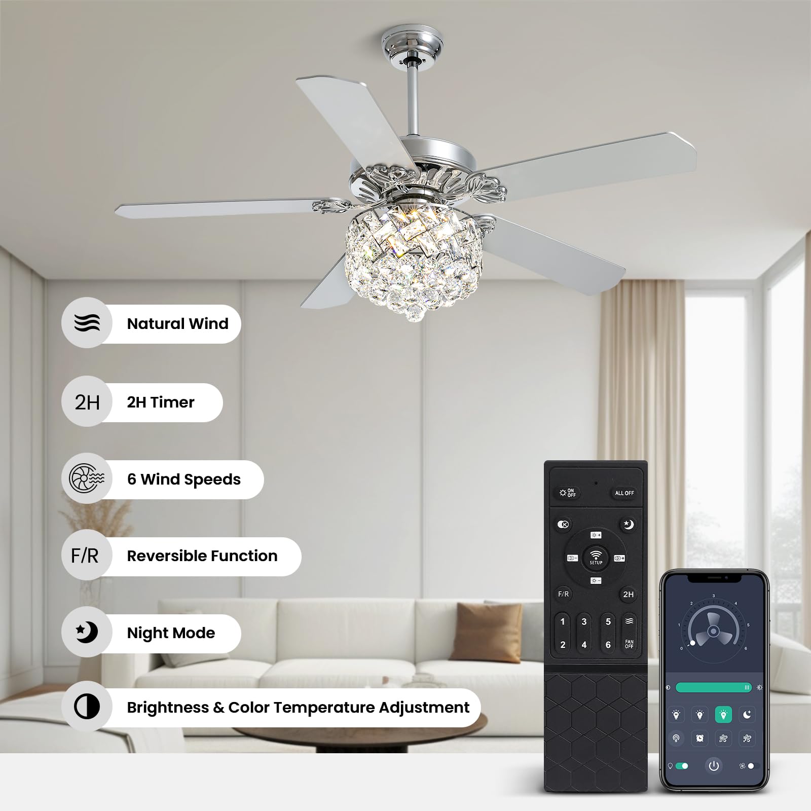 CROSSIO 52 Inch Modern Crystal Ceiling Fan with Dimmable LED Light - Remote Control Reversible Chandelier Fan for Bedroom, Living Room & Dining Room - Chrome Finish - Energy Efficient Cooling & Stylish Home Decor
